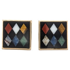 Vintage American Swank Square Brass & Inlaid Stone Cufflinks