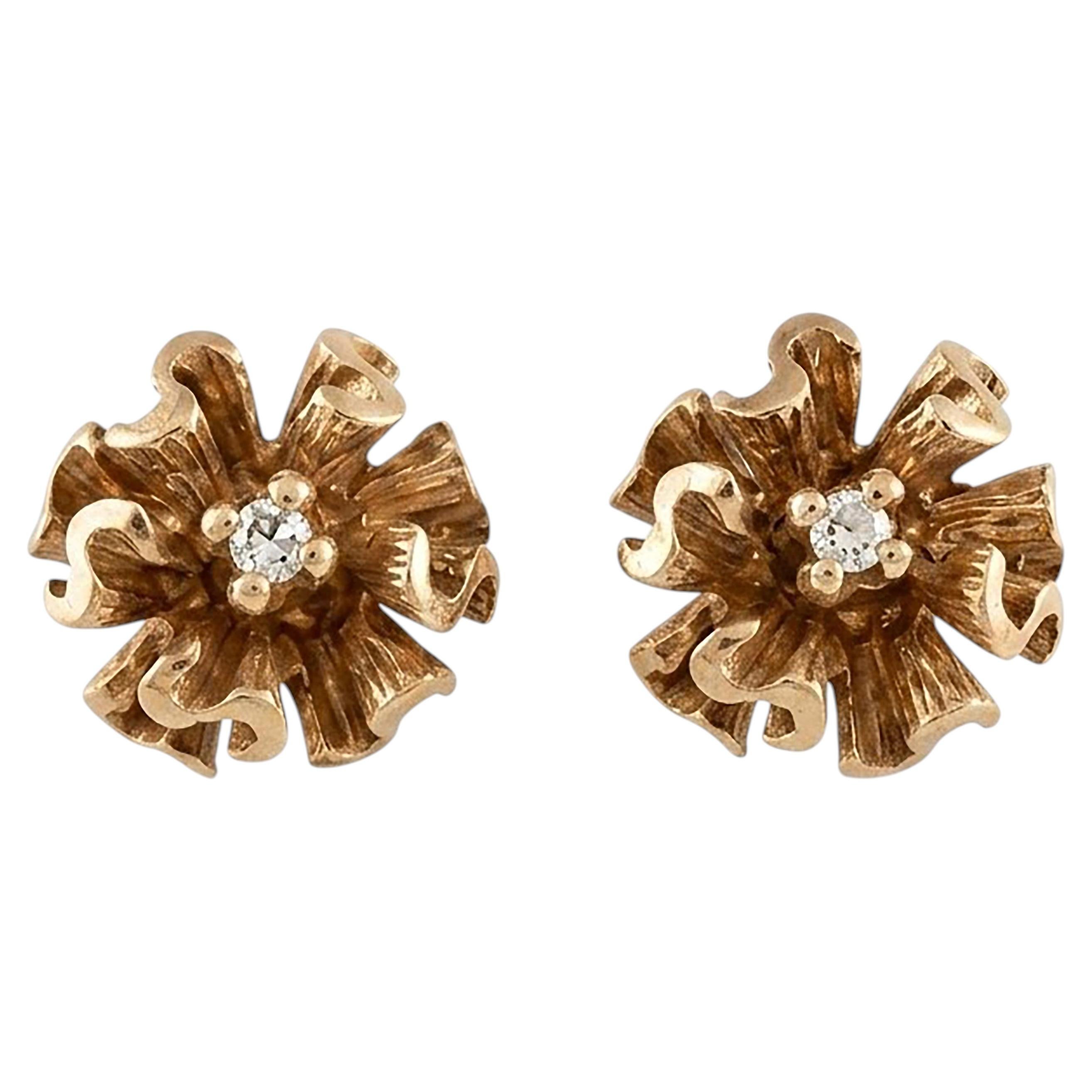 Boucles d'oreilles vintage américaines en or rose 14 carats, en forme de fleur texturée - CIRCA années 1960