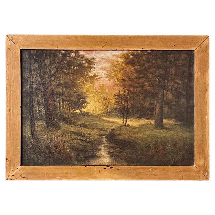Vintage American Tonalist Oil Painting of Woodland Stream (peinture à l'huile tonaliste d'un ruisseau de forêt)