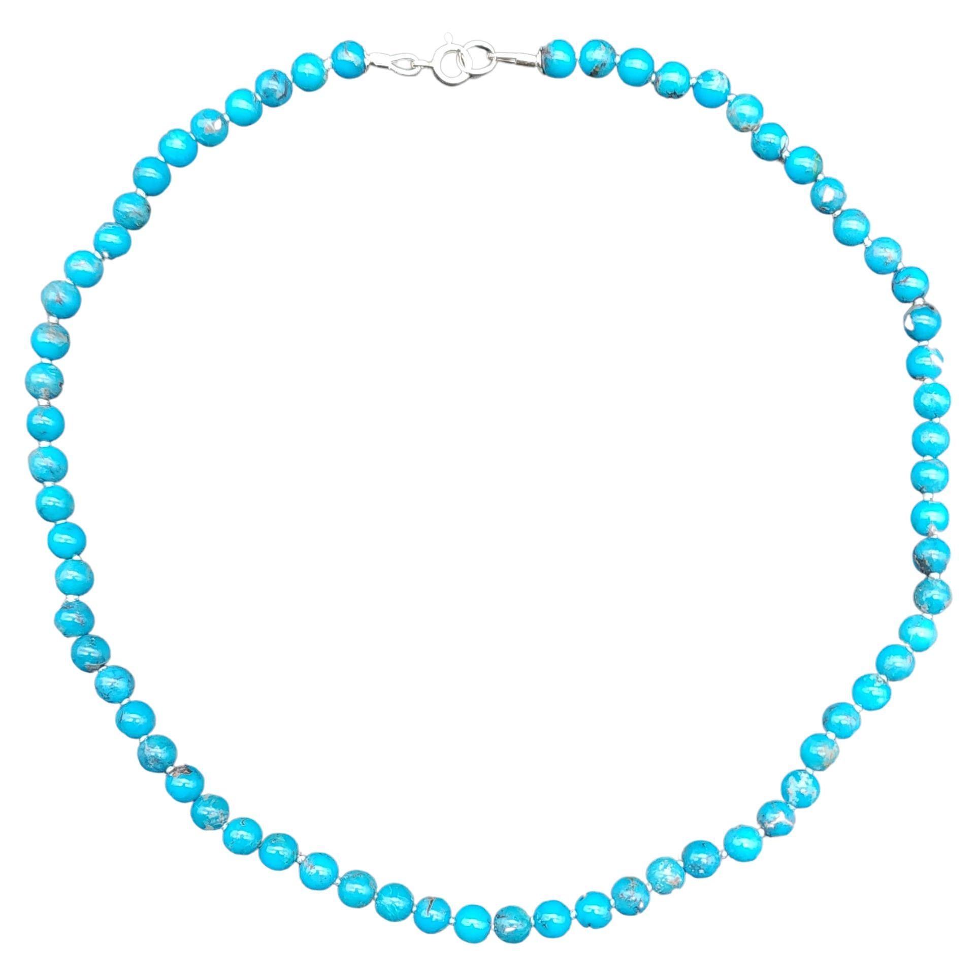 Collier noué vintage américain en perles de turquoise avec fermoir en argent sterling