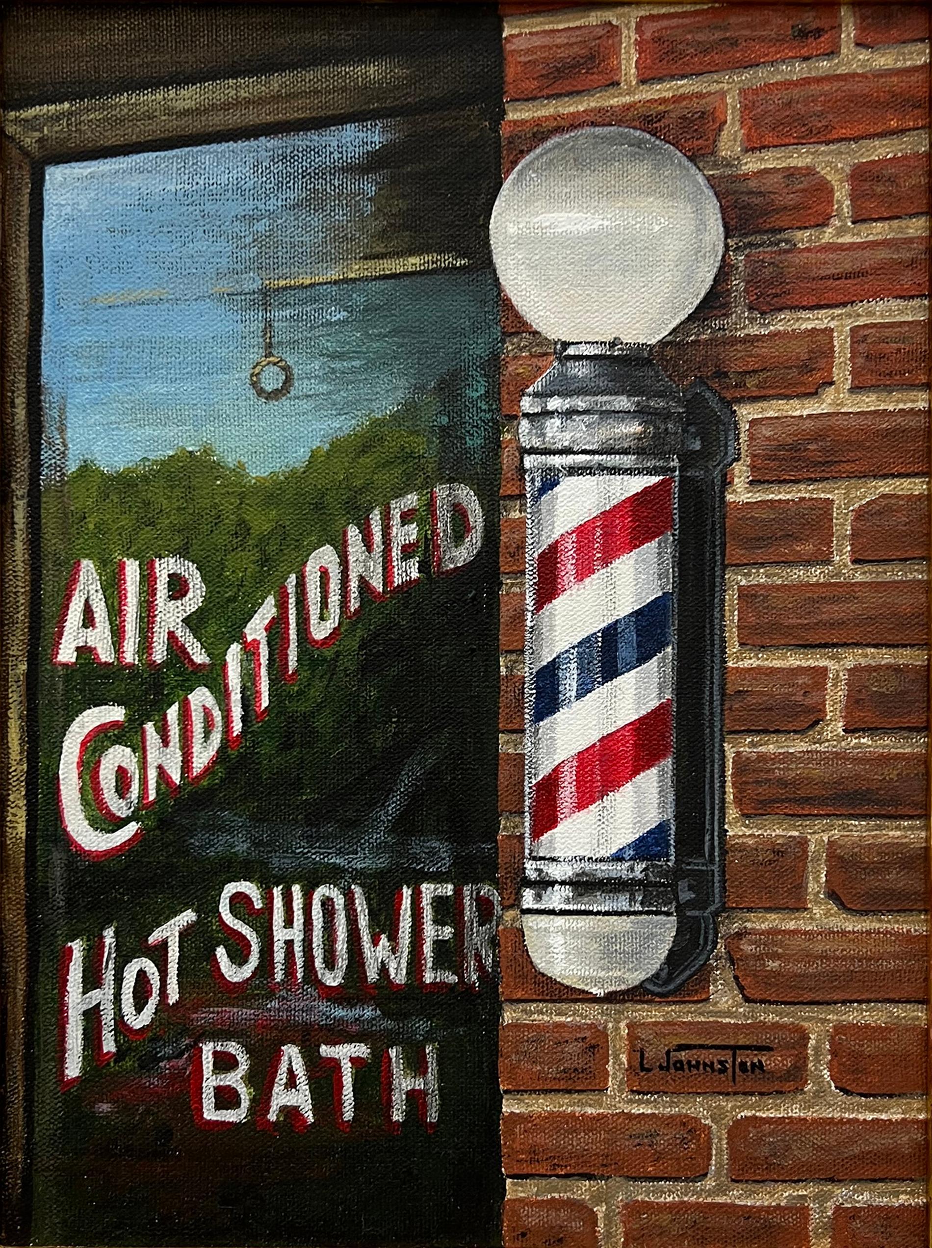 Vintage American Urban Realism Painting by L Johnston

Offered for sale is a Vintage American Urban Realism Painting by L Johnston. The storefront barbershop-themed work is signed by the artist in the lower right corner. The painting is presented