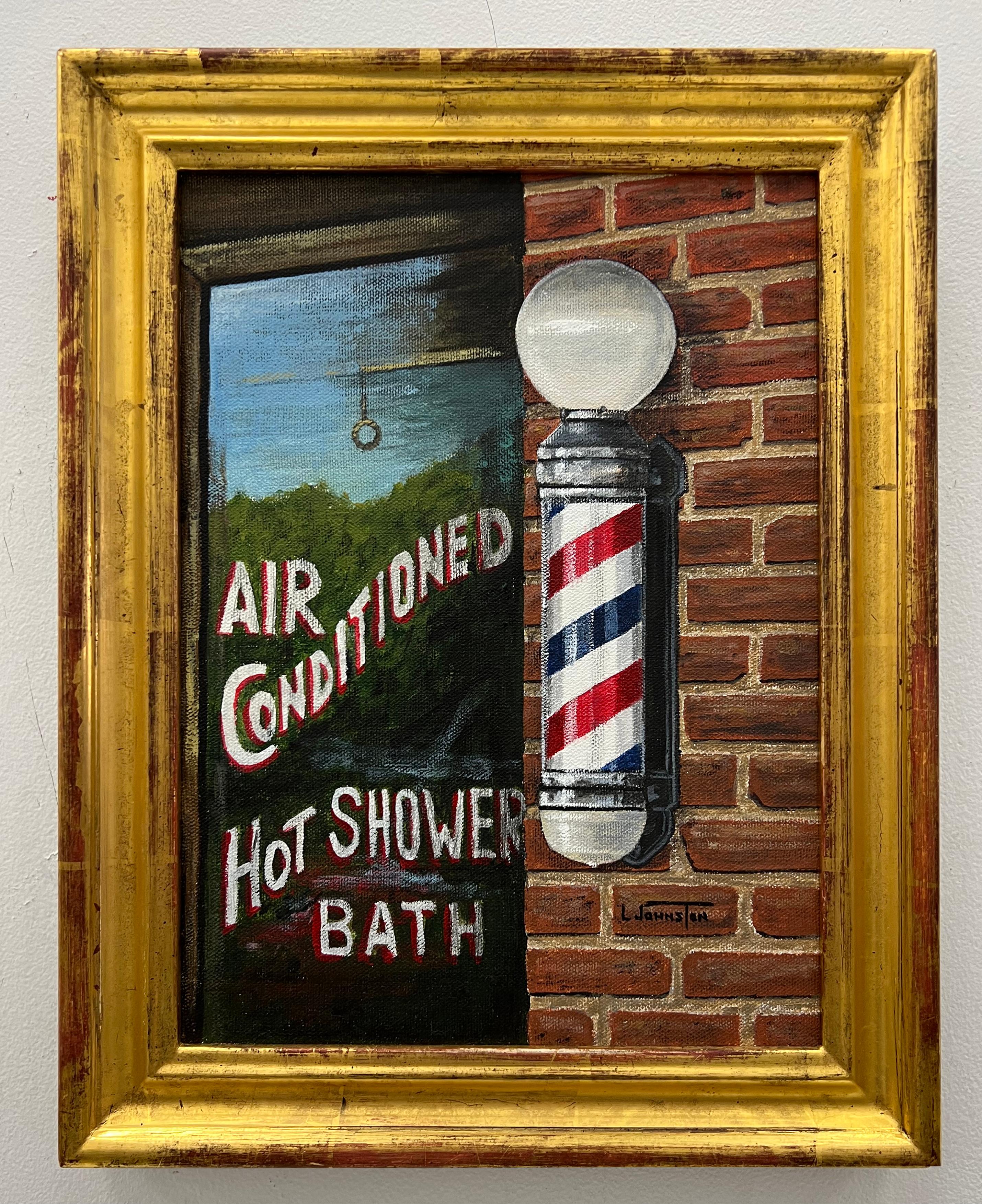 North American Vintage American Urban Realism Painting by L Johnston, Barbershop Theme For Sale