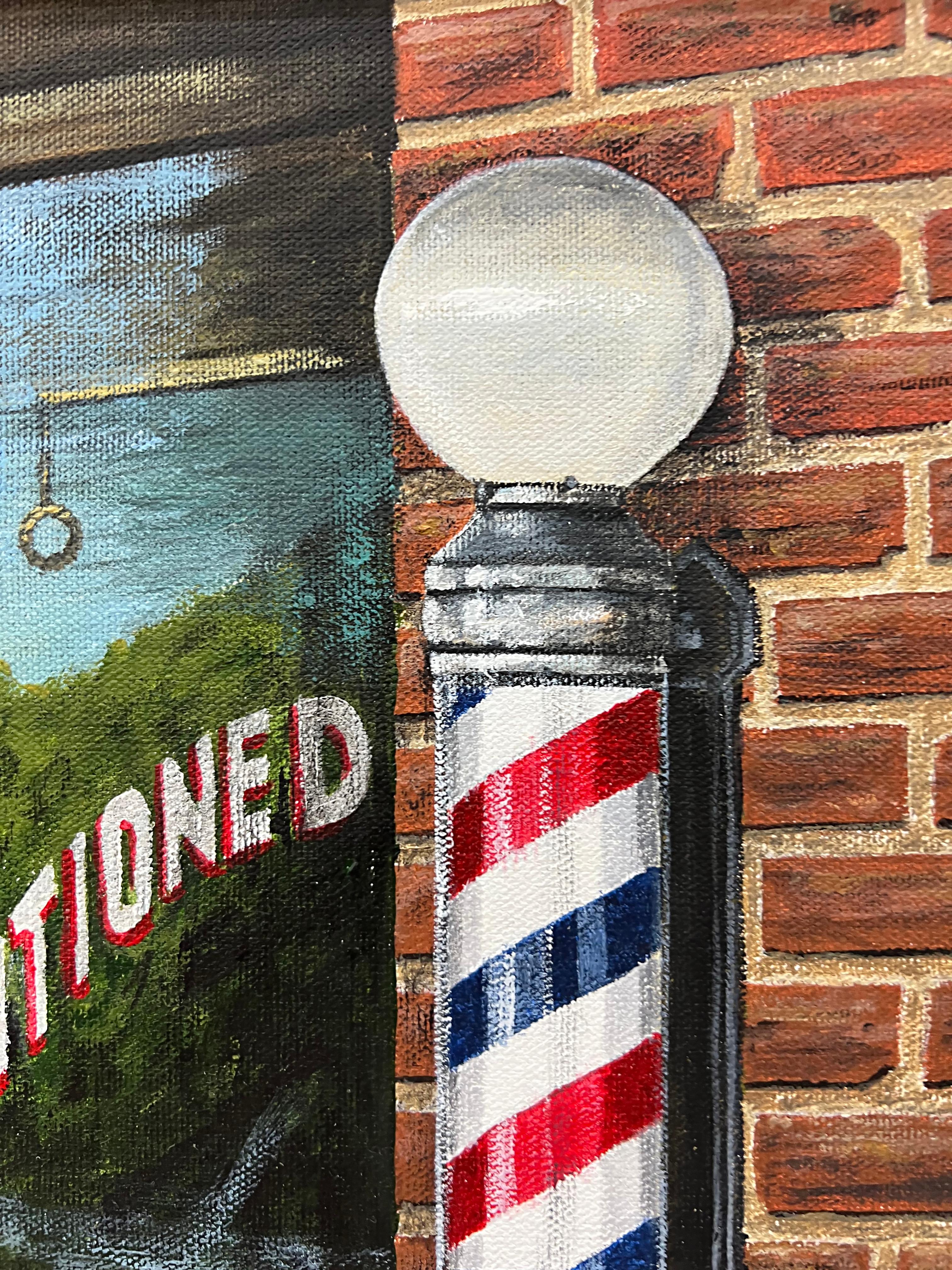 Hand-Painted Vintage American Urban Realism Painting by L Johnston, Barbershop Theme For Sale