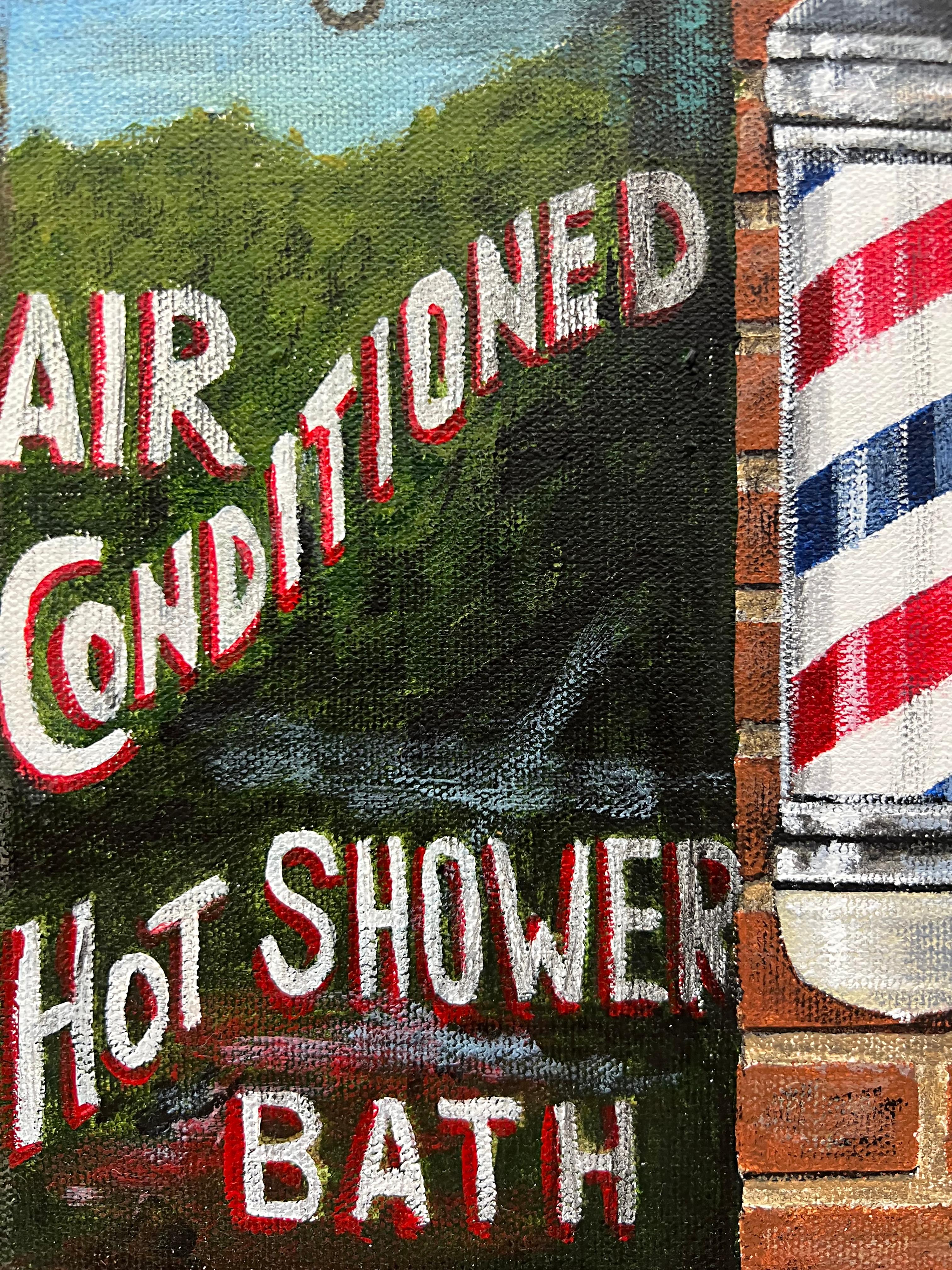 Vintage American Urban Realism Painting by L Johnston, Barbershop Theme In Good Condition For Sale In Miami, FL