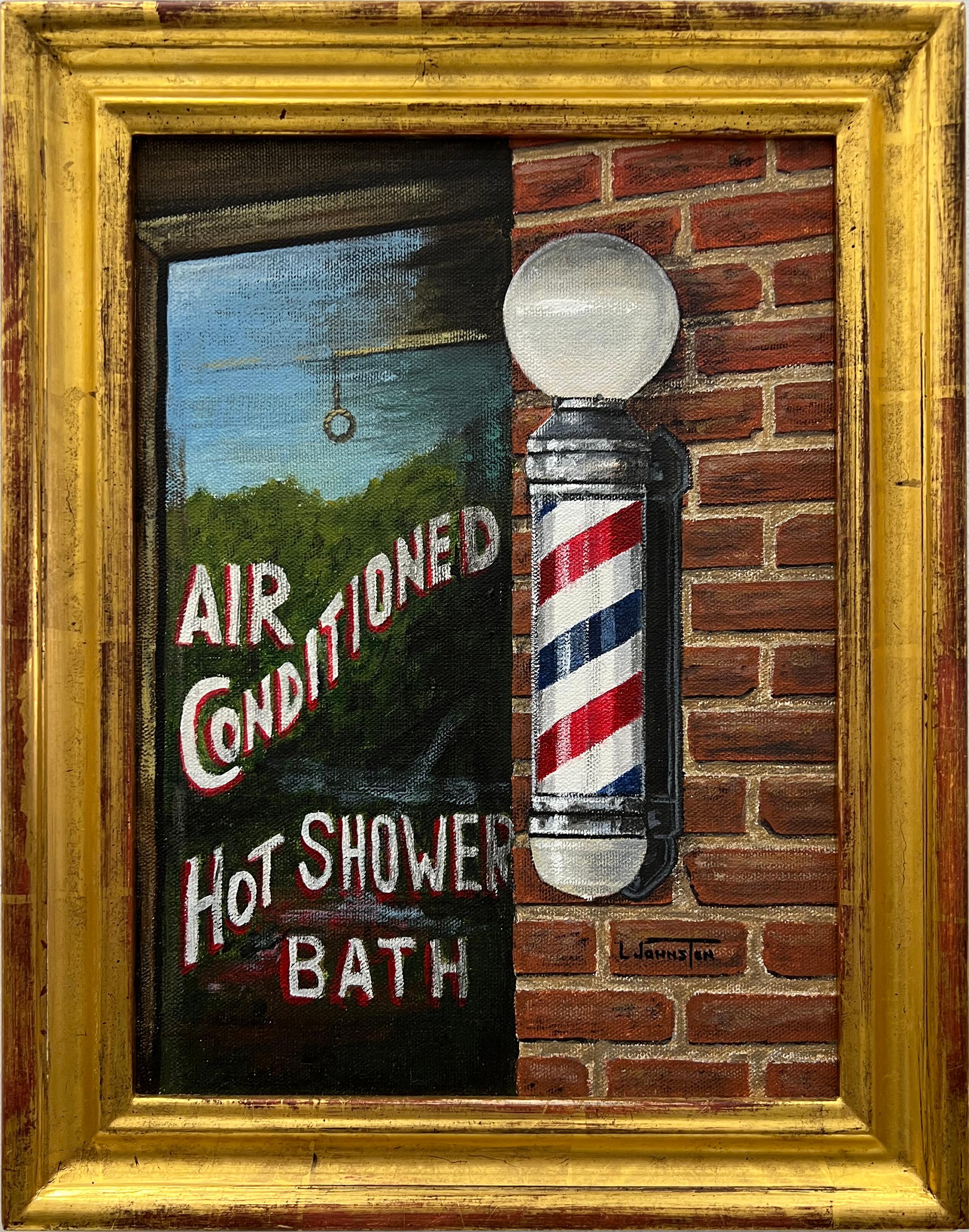 Giltwood Vintage American Urban Realism Painting by L Johnston, Barbershop Theme For Sale