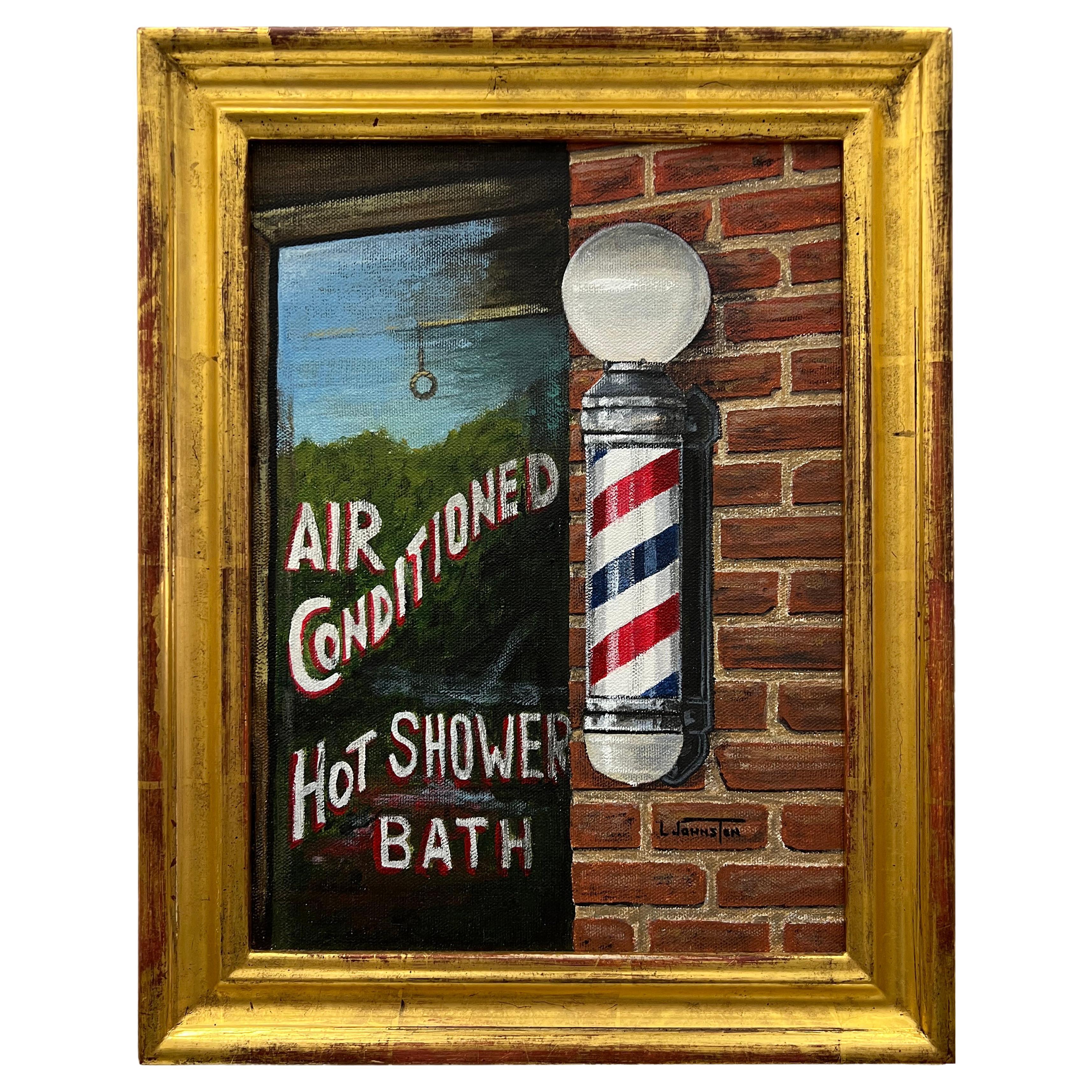 Vintage American Urban Realism Painting by L Johnston, Barbershop Theme For Sale