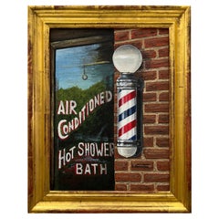 Vintage American Urban Realism Painting by L Johnston, Barbershop Theme