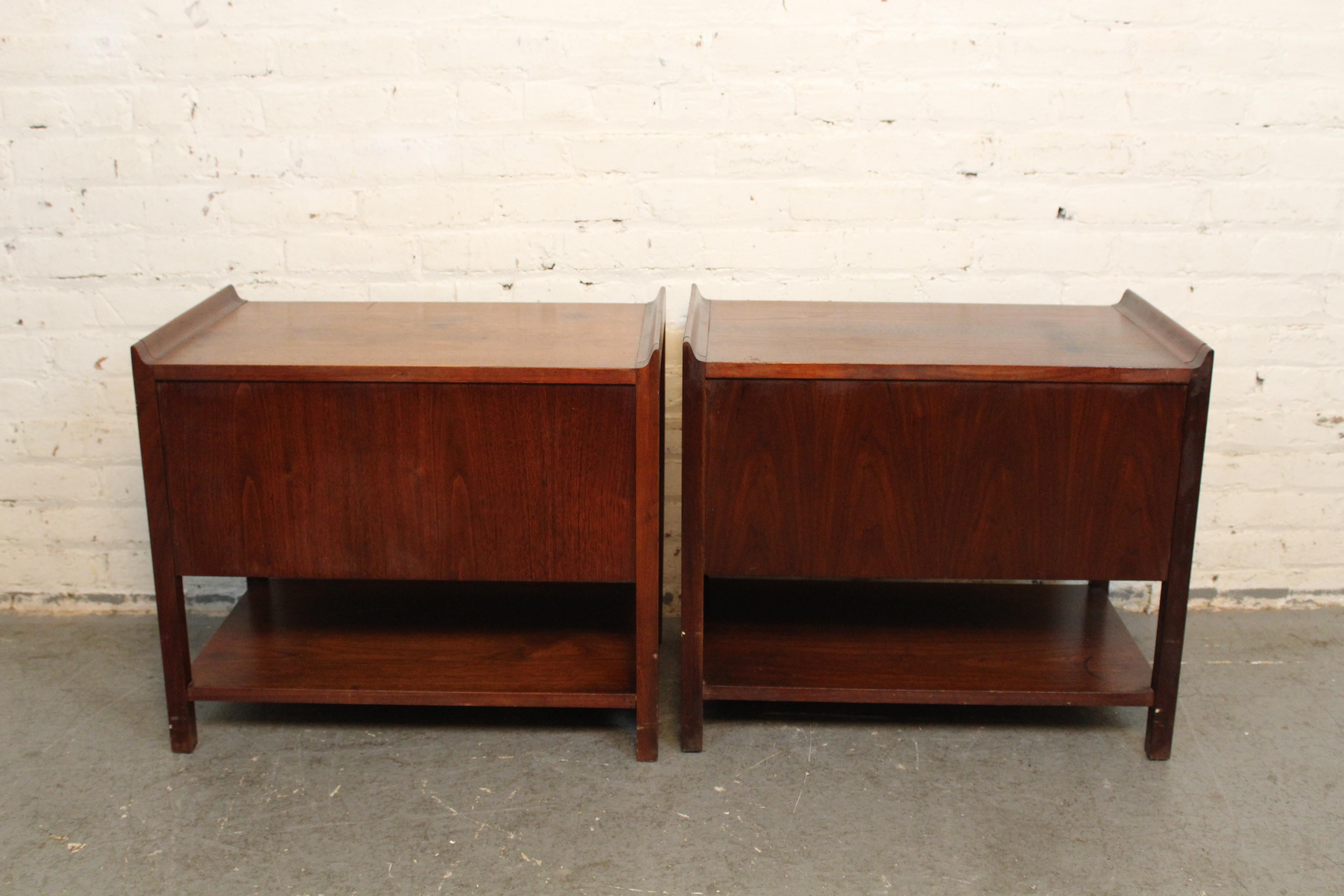Carved Vintage American Walnut + Leather Nightstands by Dillingham For Sale