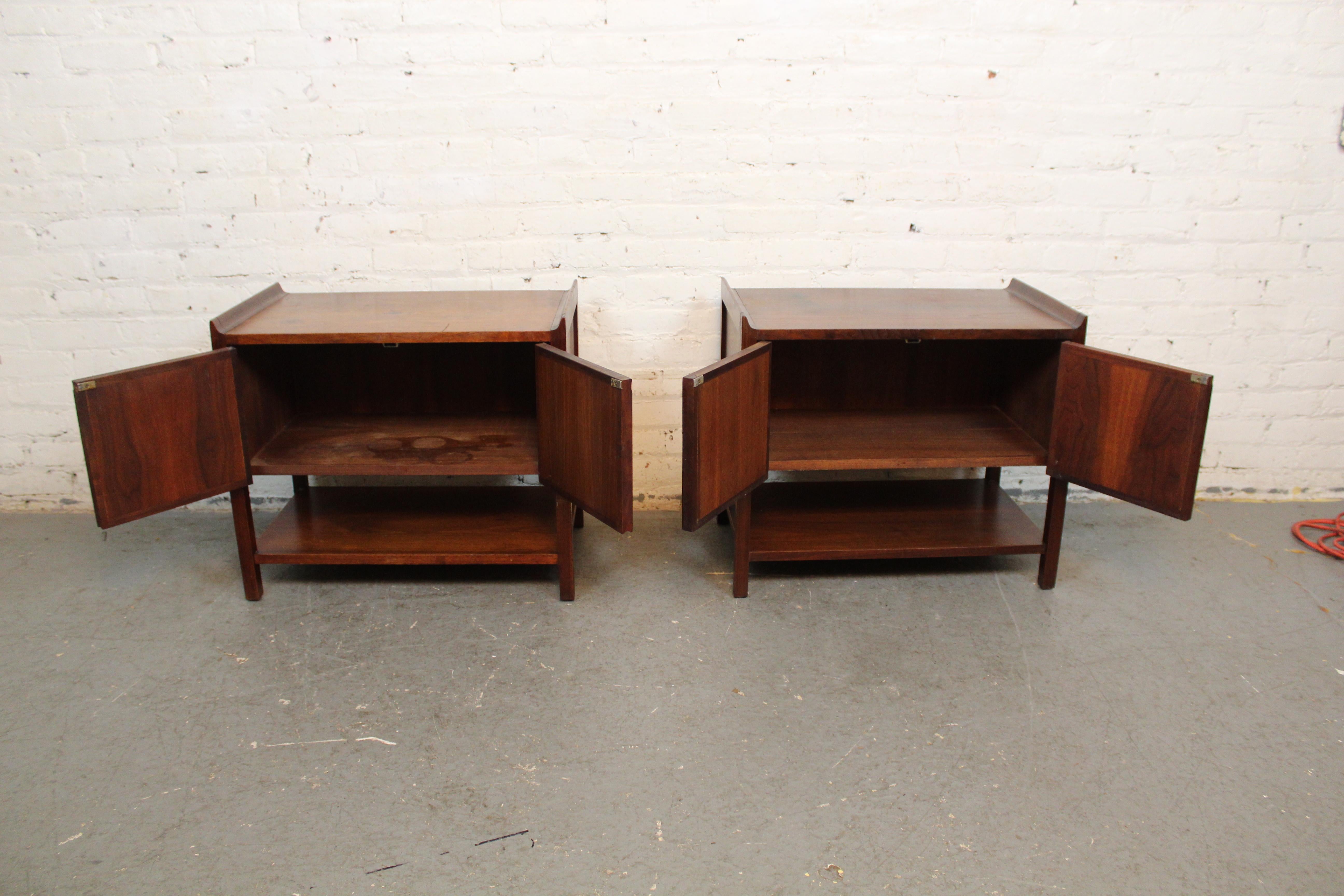20th Century Vintage American Walnut + Leather Nightstands by Dillingham For Sale