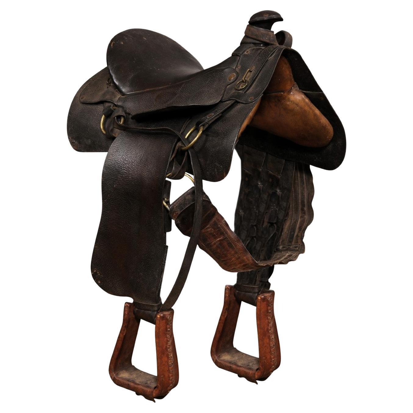 Vintage American Western Style Leather Saddle with Weathered Patina For Sale