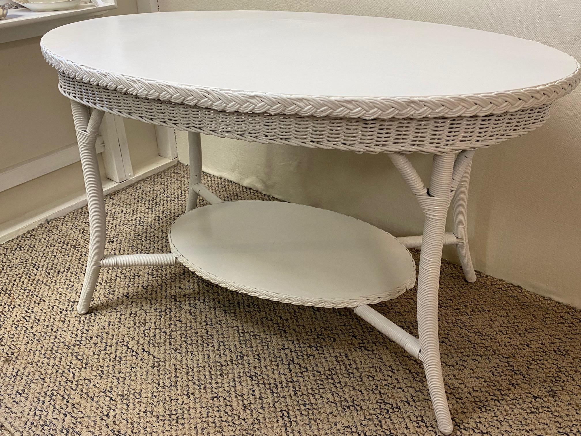 Vintage American Wicker Company White Painted Oval Dining Table For Sale 1