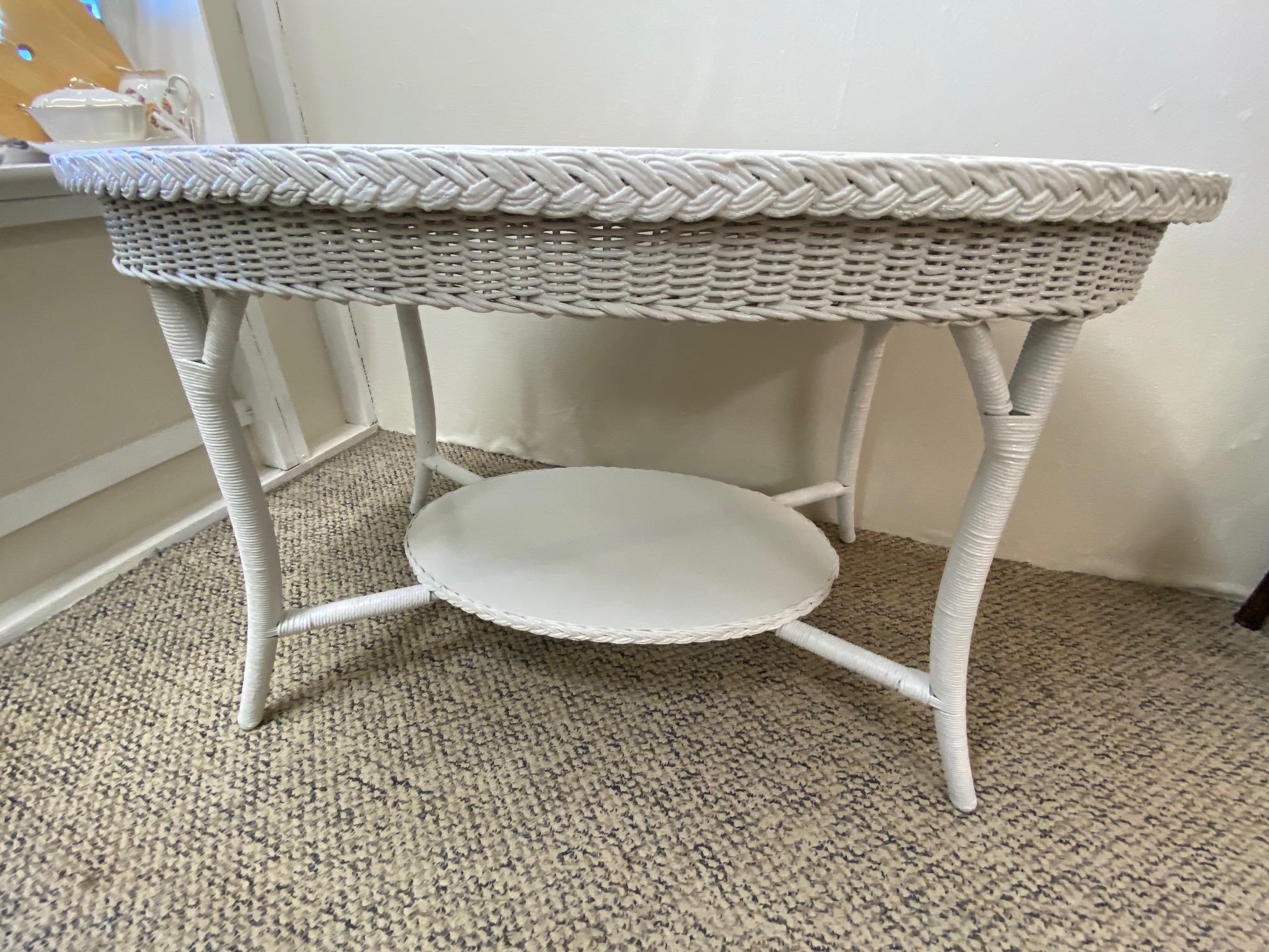 Vintage American Wicker Company White Painted Oval Dining Table For Sale 2