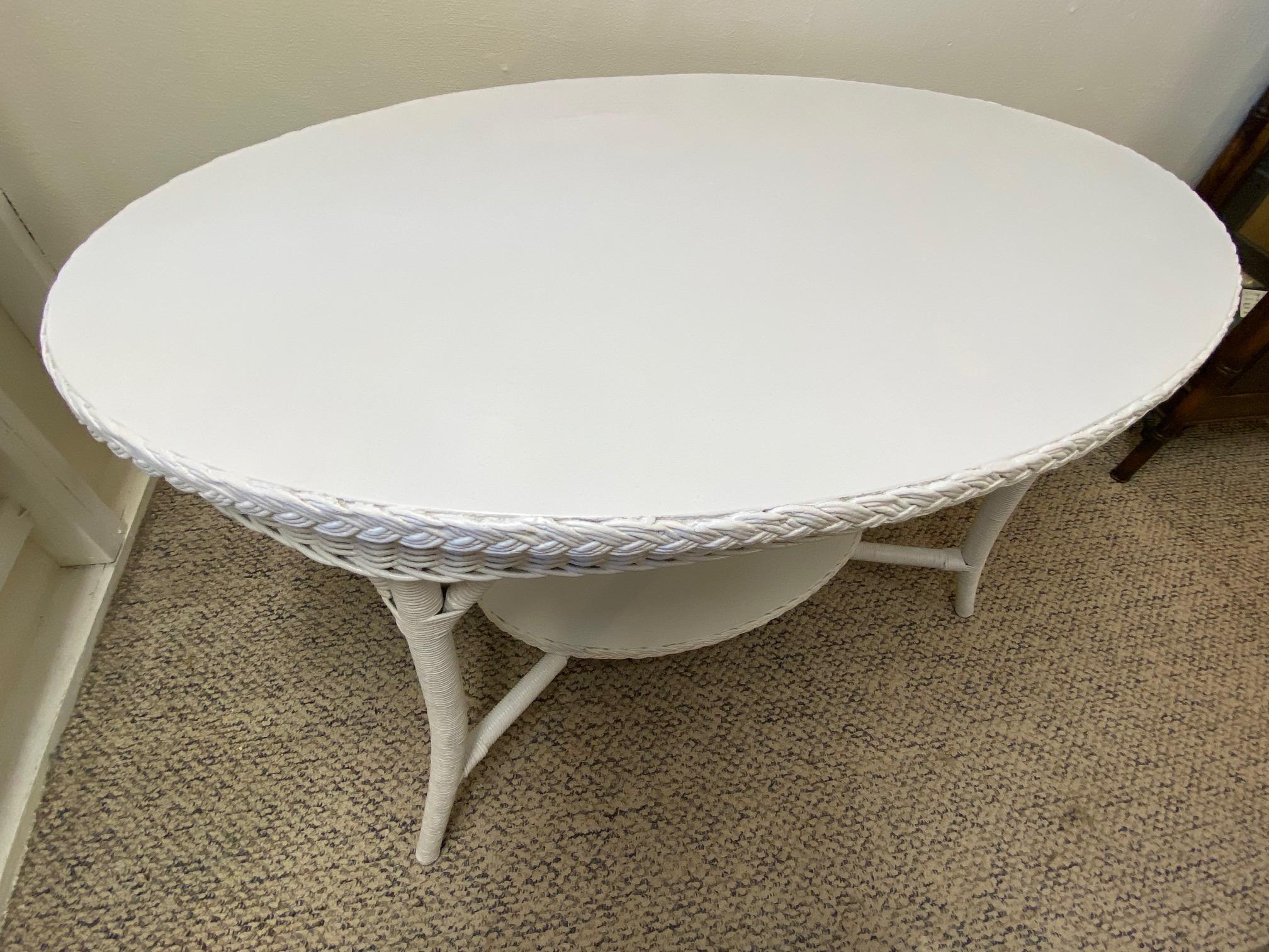 Vintage American Wicker Company White Painted Oval Dining Table For Sale 4