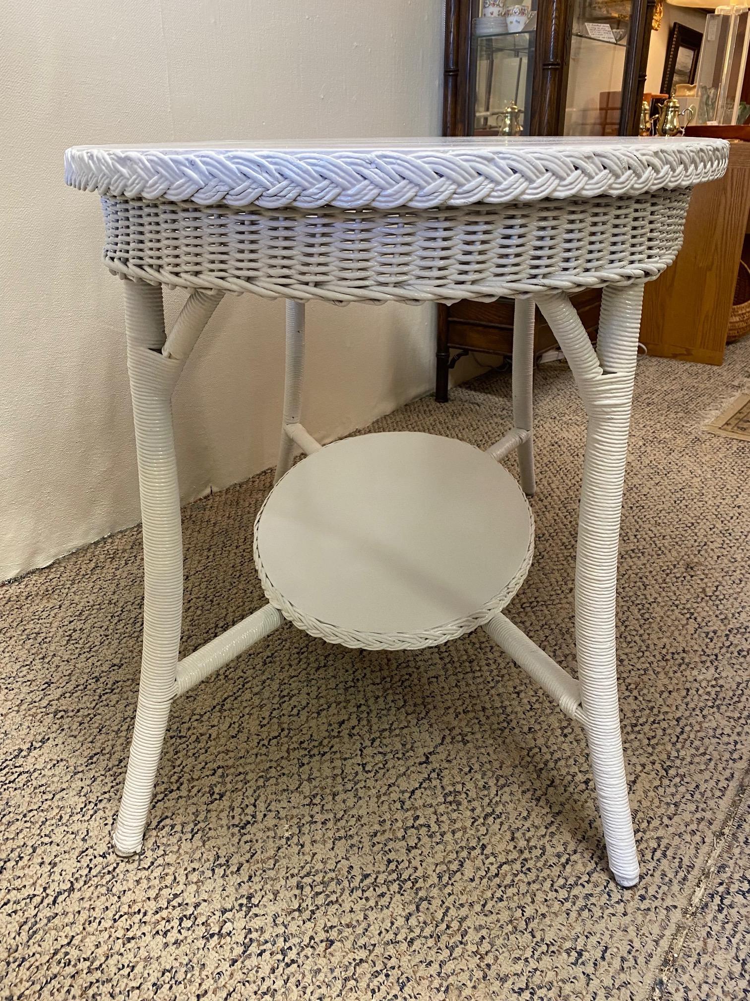 Vintage American Wicker Company White Painted Oval Dining Table For Sale 5