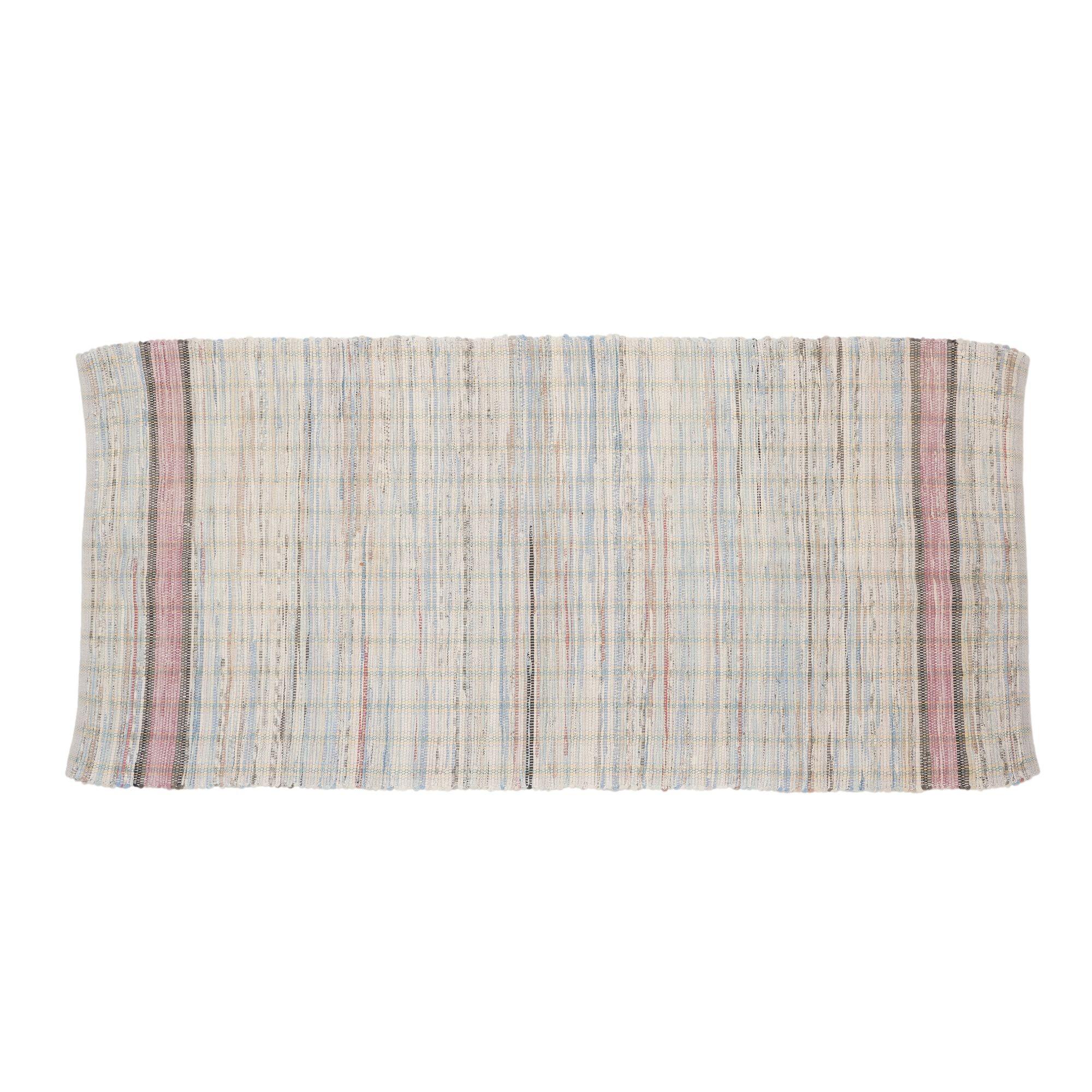 Amish hand woven rag rug runner in colors of white, tan, blue, and black with bold single bands of purple bordered by grey and black at either end.
American, 1880-1910.