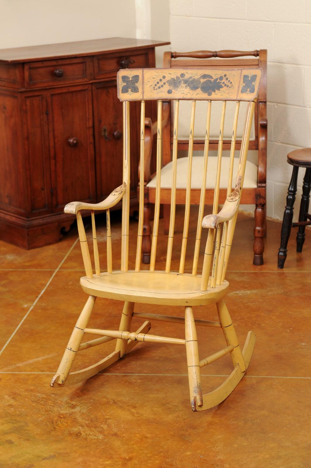Vintage American Yellow & Green Painted Rocking Chair with Floral Decoration 4