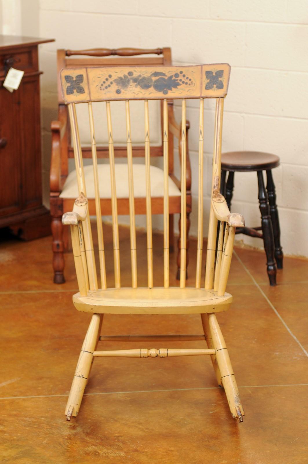 Vintage American Yellow & Green Painted Rocking Chair with Floral Decoration 5