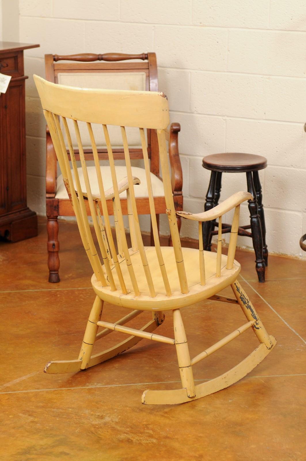 20th Century Vintage American Yellow & Green Painted Rocking Chair with Floral Decoration