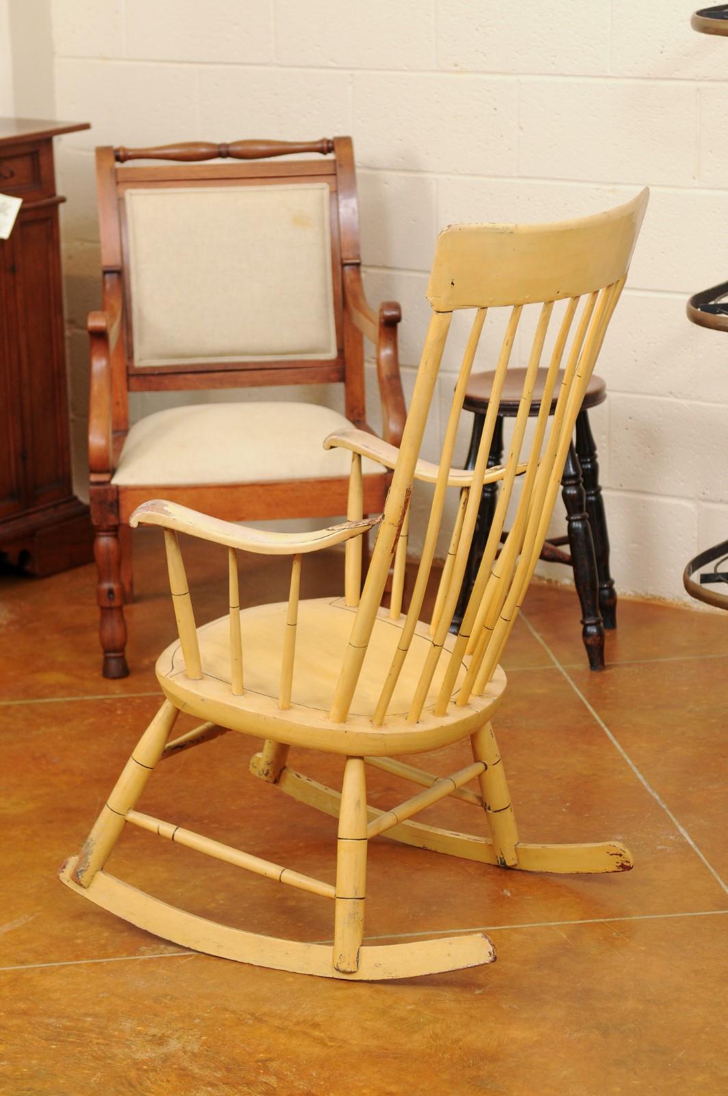 Vintage American Yellow & Green Painted Rocking Chair with Floral Decoration 1