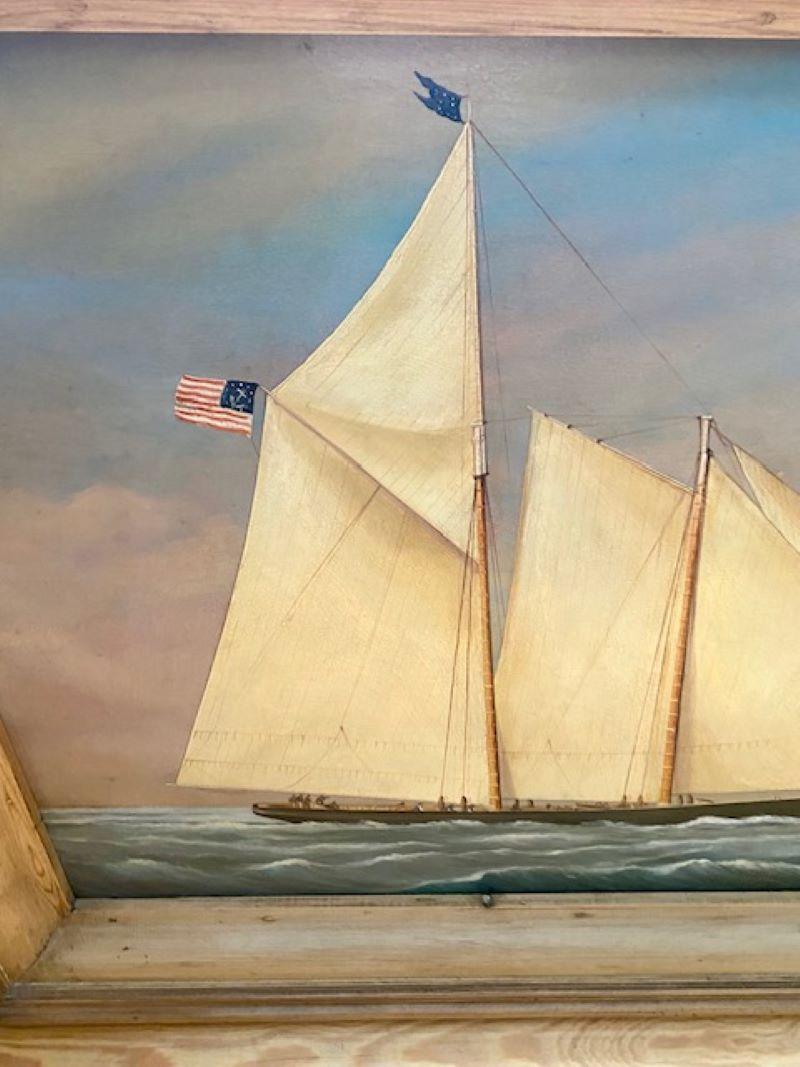 Vintage America's Cup Seascape, English School, circa 1960s, unsigned, an oil on hardwood panel seascape with a starboard-side view portrait of the Schooner-Rigged Yacht 