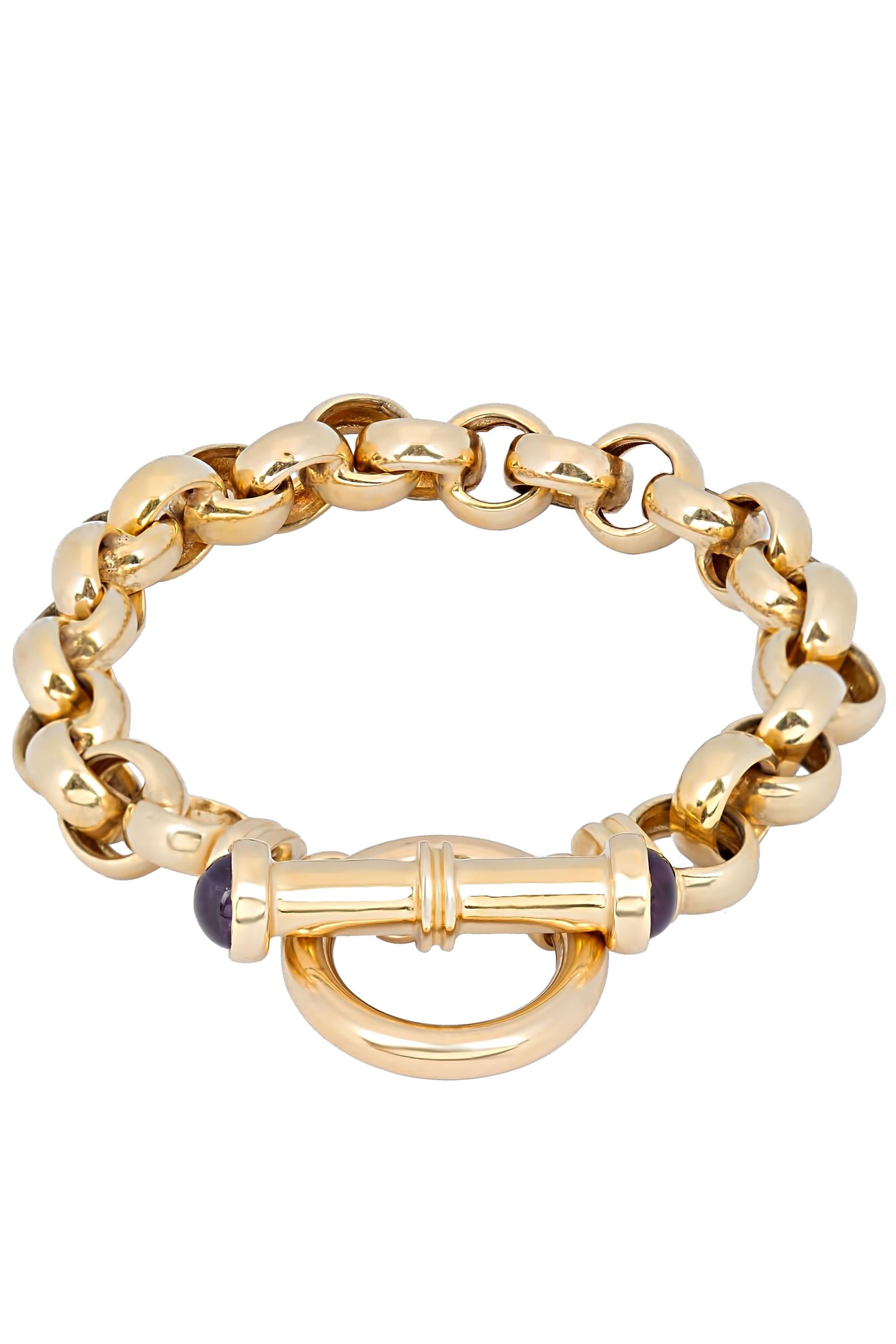 Cabochon Vintage Amethyst 14 Karat Yellow Gold Toggle Bracelet