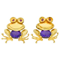 Vintage Amethyst 18 Karat Gold Frog Earrings, circa 1960s