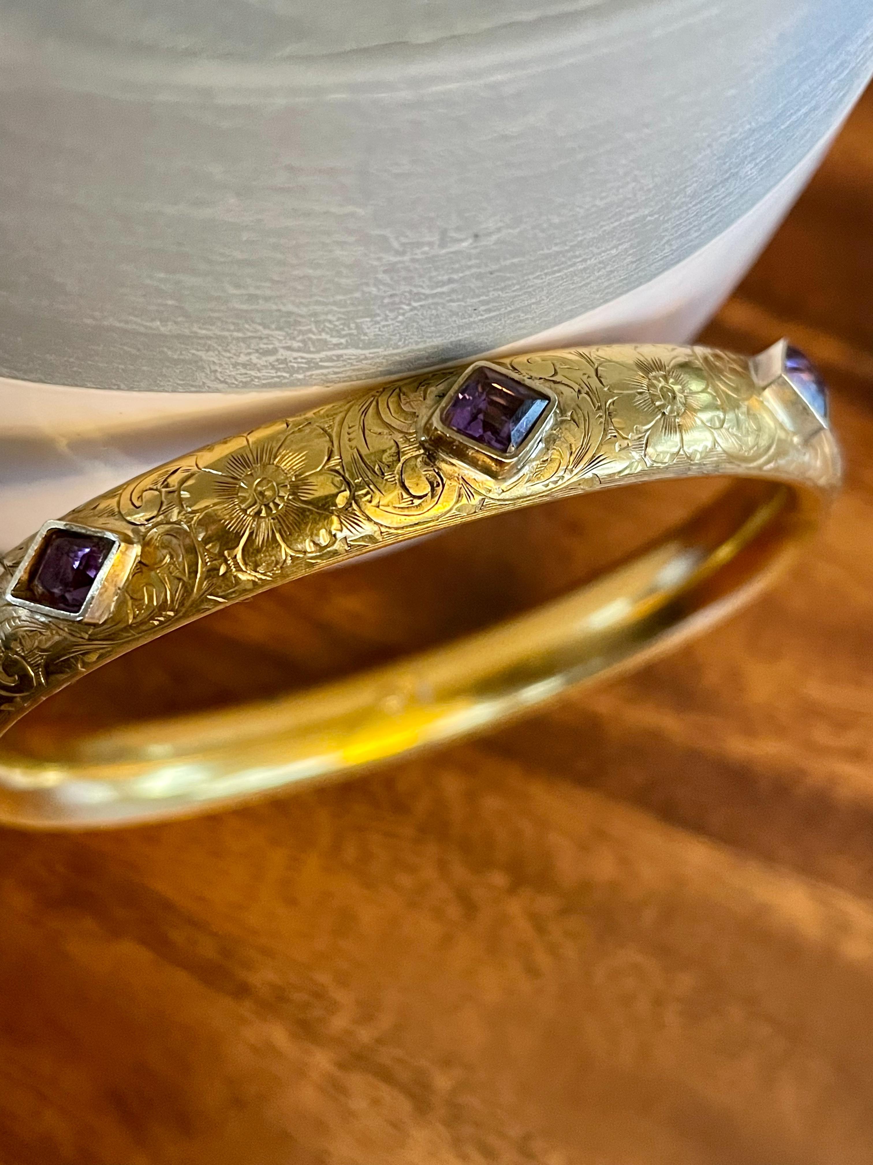 Vintage Amethyst and 14 Karat Yellow Gold Bangle Bracelet  4