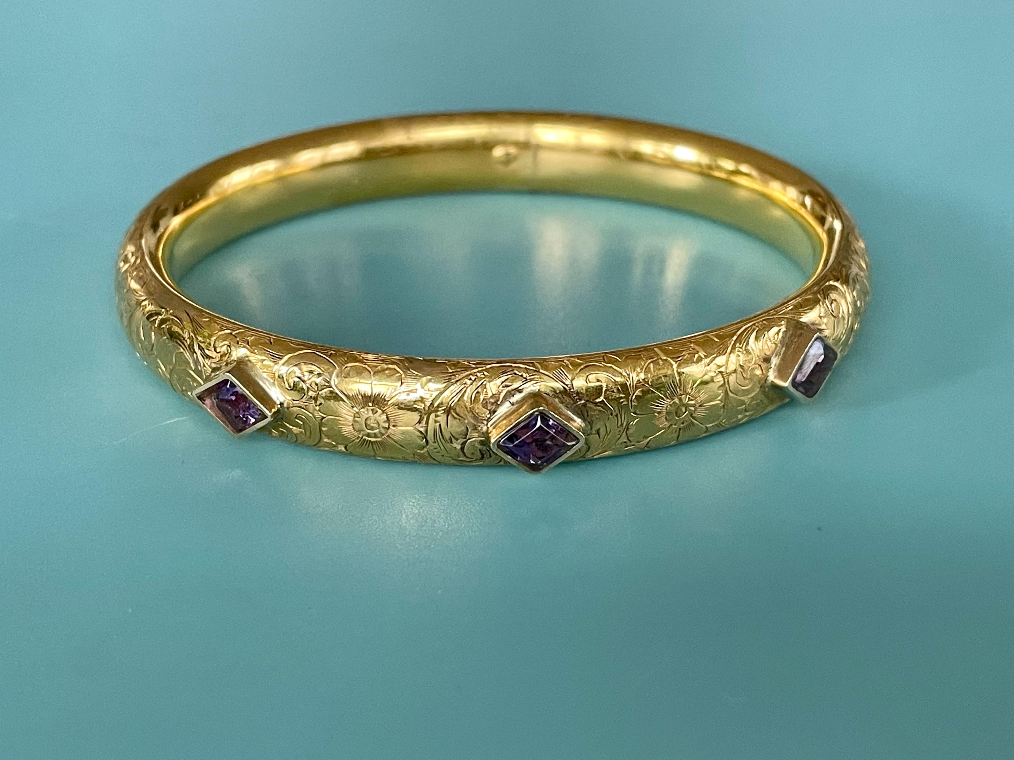 Women's Vintage Amethyst and 14 Karat Yellow Gold Bangle Bracelet 