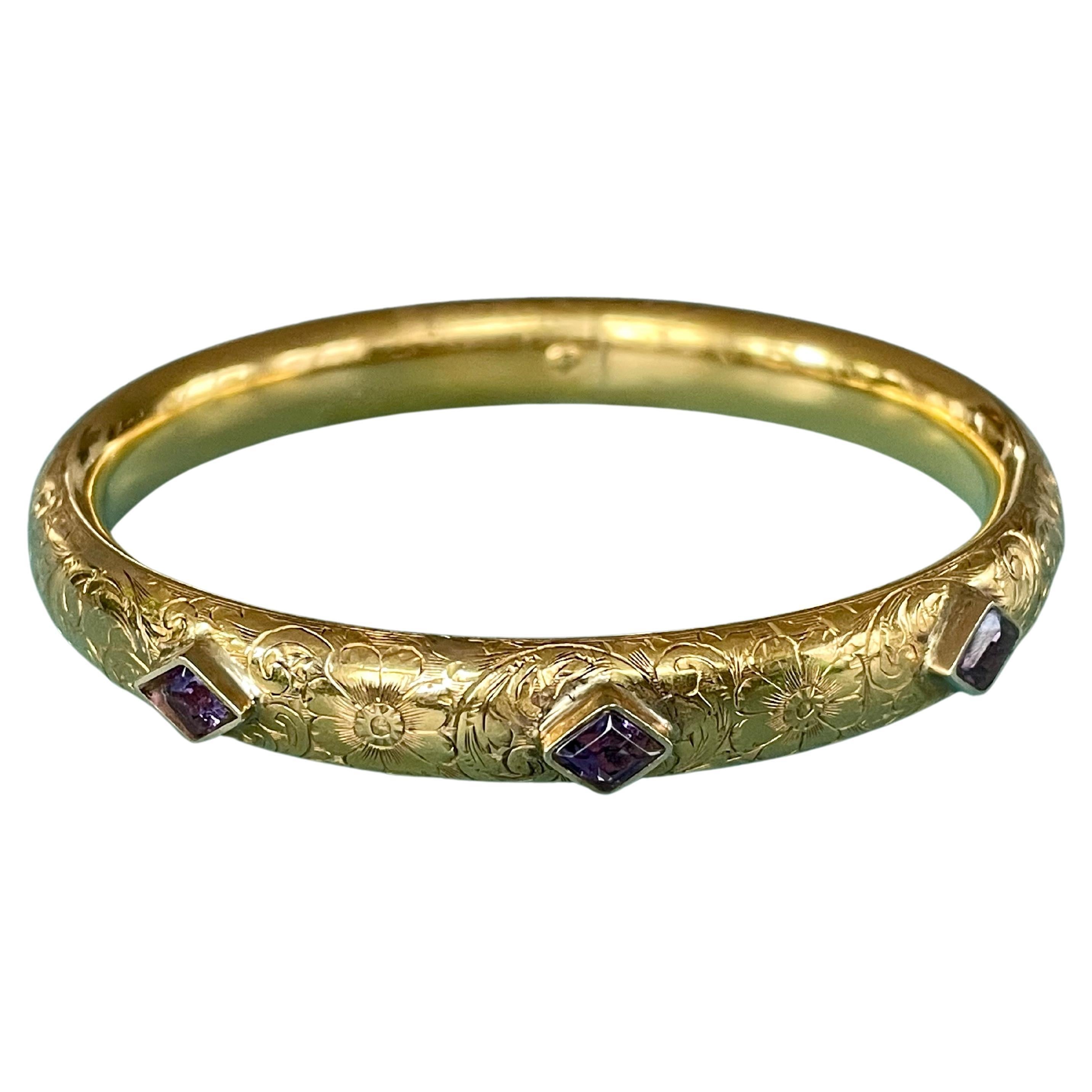 Vintage Amethyst and 14 Karat Yellow Gold Bangle Bracelet 