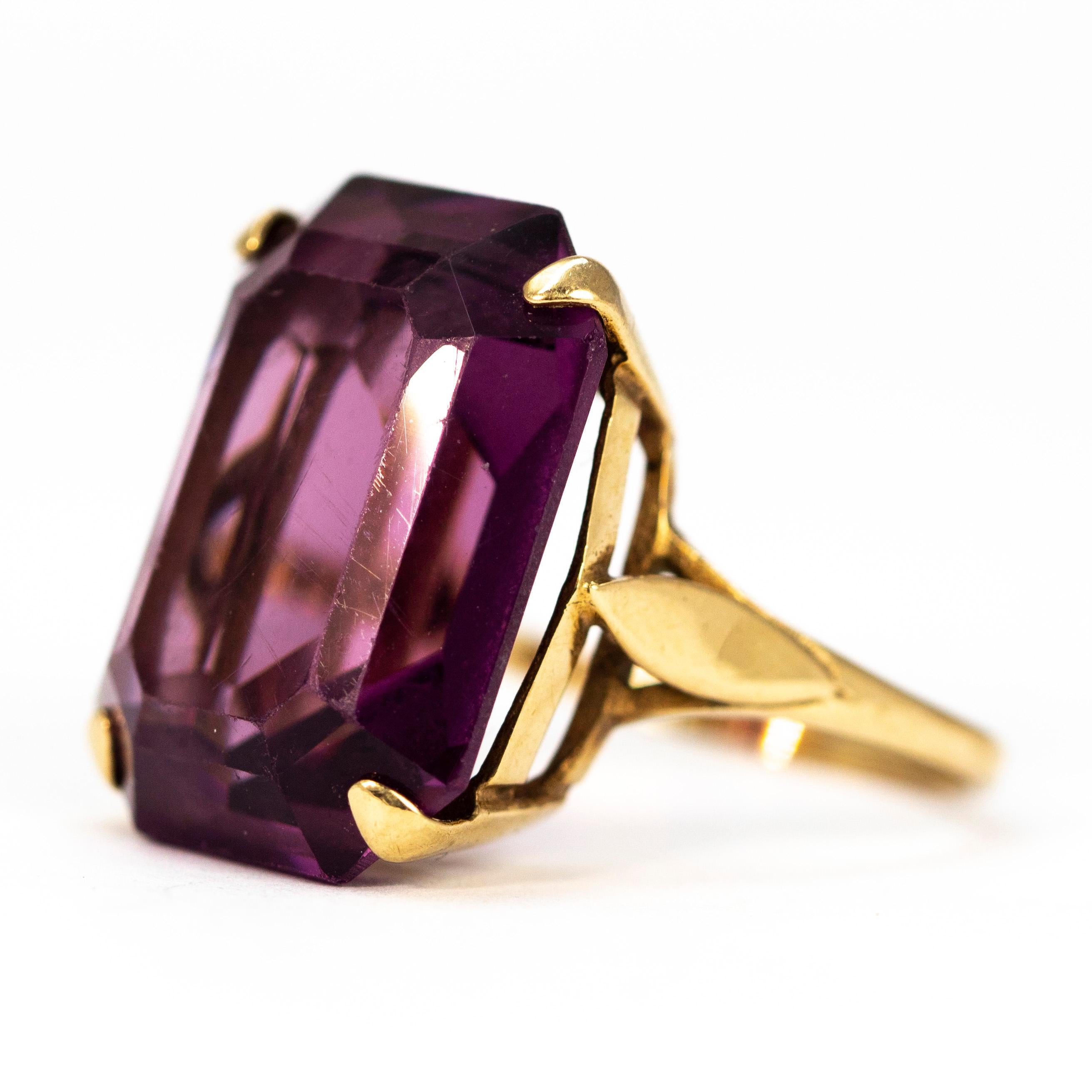 The beautiful amethyst stone is a gorgeous pinky purple colour and is held by a simple claw setting. The galley is simply decorative and the shoulders have a leaf shaped panel attached. 

Ring Size: O or 7 1/4
Stone Dimensions: 20 x 15mm 

Weight: