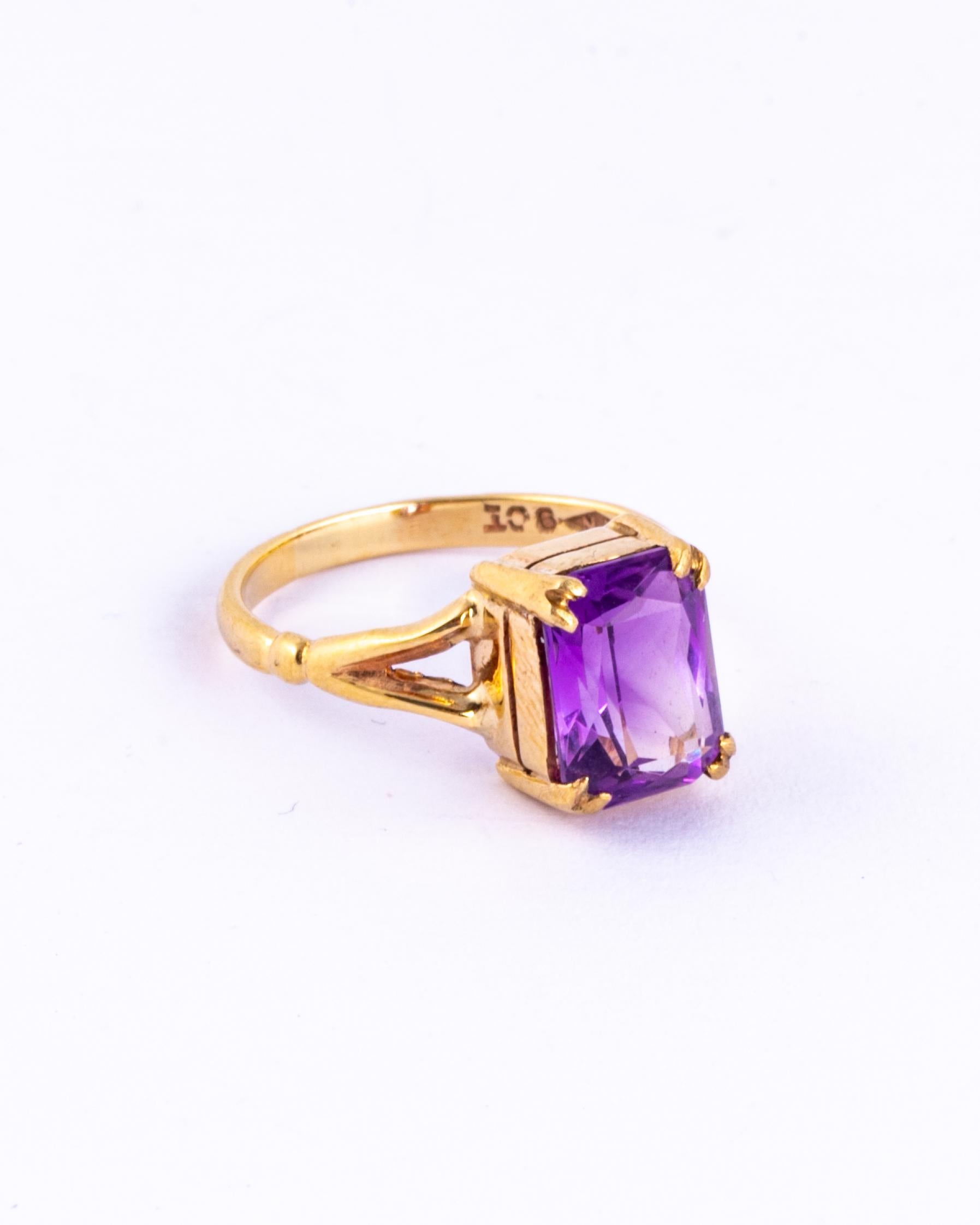 The bright purple amethyst stone in this ring is a gorgeous colour and set in simple claws and gallery. Modelled in 9carat gold. 

Ring Size: K or 5 1/4
Stone Dimensions: 9.5x7mm 
Height From Finger: 7mm 

Weight: 2.26g