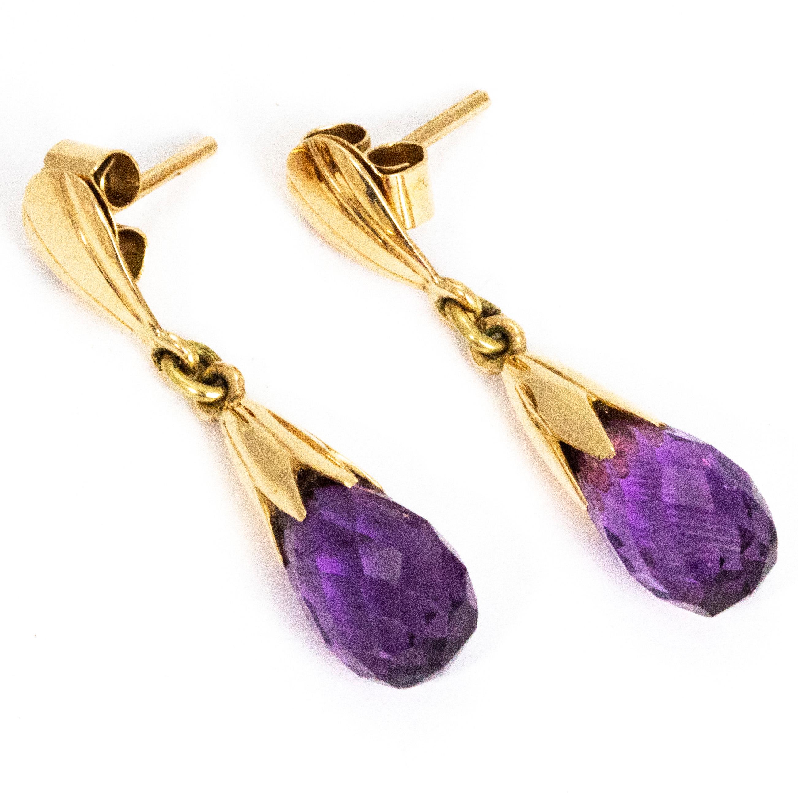 Vintage Amethyst and 9 Carat Gold Drop Earrings In Excellent Condition In Chipping Campden, GB