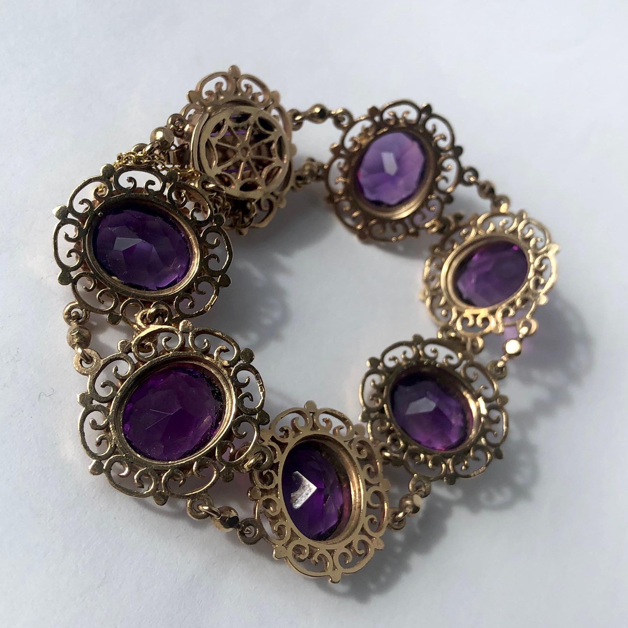 Each link in this bracelet is loaded with detail and holds seven gorgeous amethyst stones. The style of the bracelet has a very Art Deco feel and is wonderfully stylish. 

Bracelet Length: 6.5inches
Width: 19mm 

Weight: 29.3g