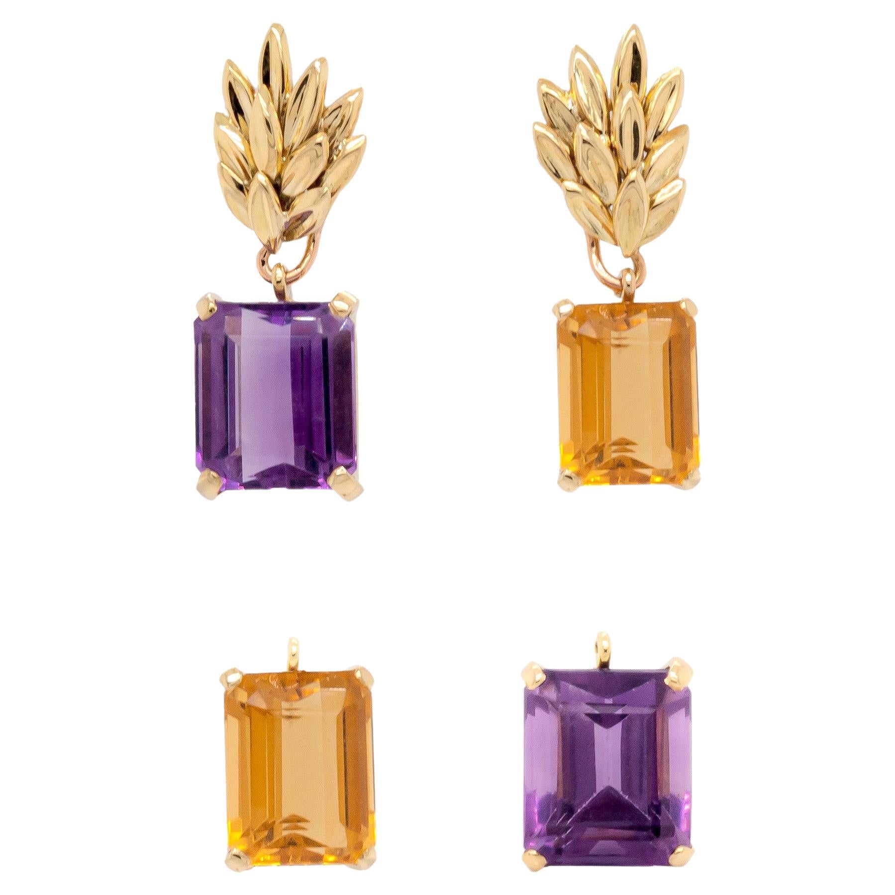 Pendientes de gota intercambiables vintage de amatista y citrino en oro amarillo de 18 quilates en venta