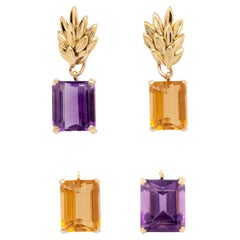 Boucles d'oreilles pendantes interchangeables vintage en or jaune 18 carats, améthyste et citrine