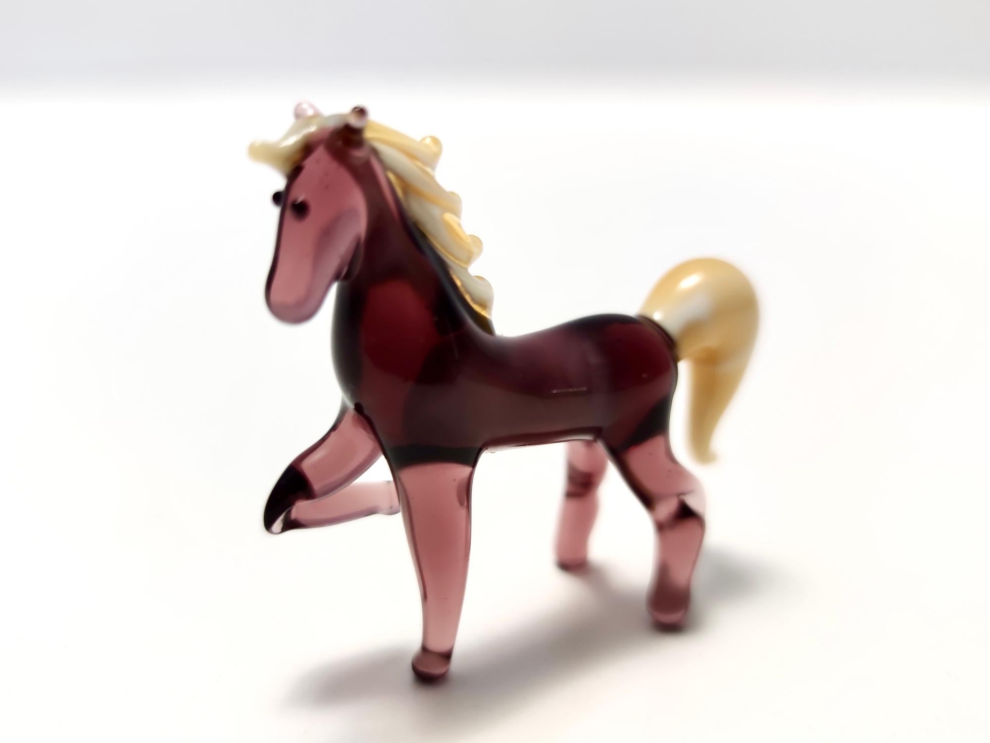 Mid-Century Modern Vintage Amethyst and Cream Murano Glass Miniature Horse, Italy For Sale