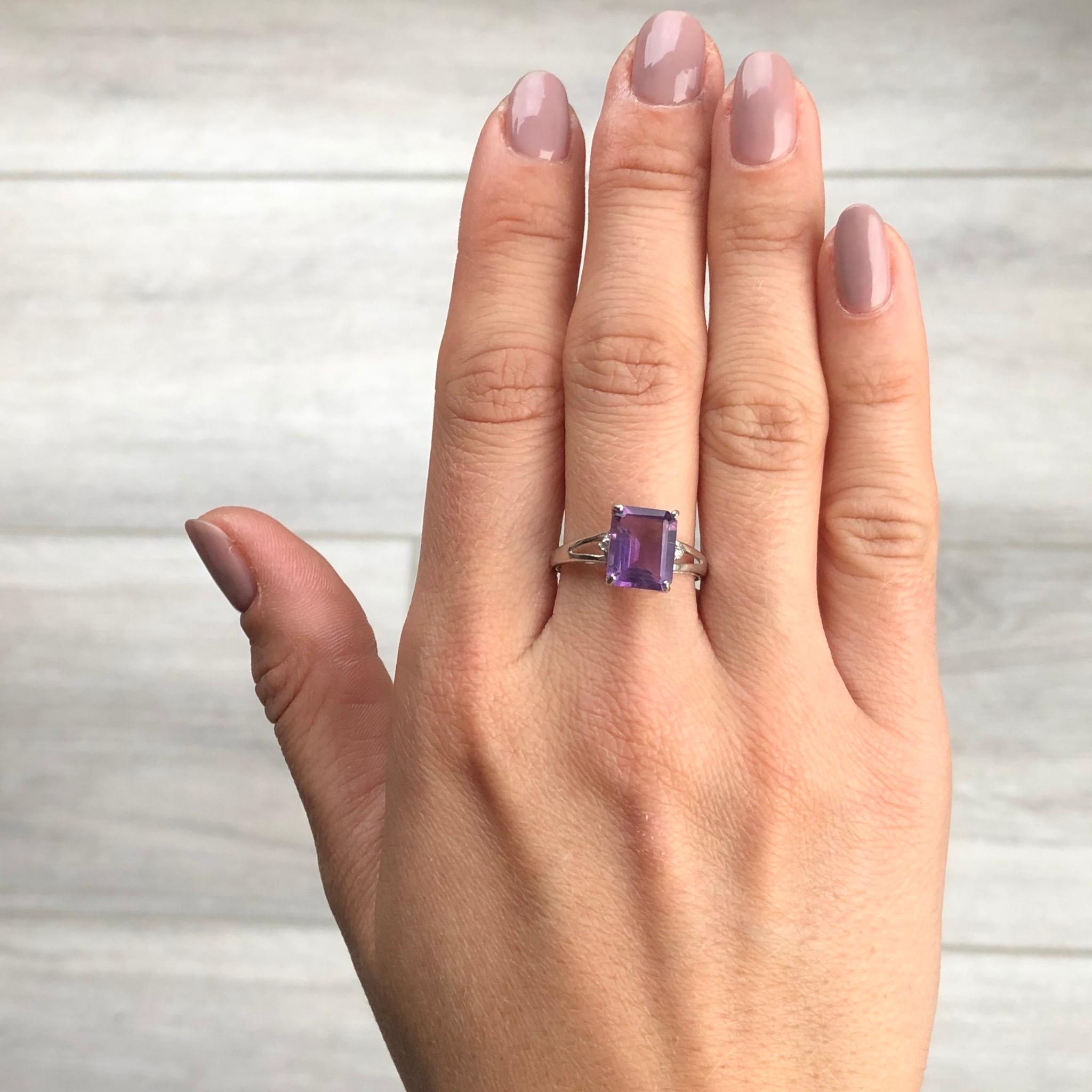 Emerald Cut Vintage Amethyst and Diamond 14 Carat White Gold Ring