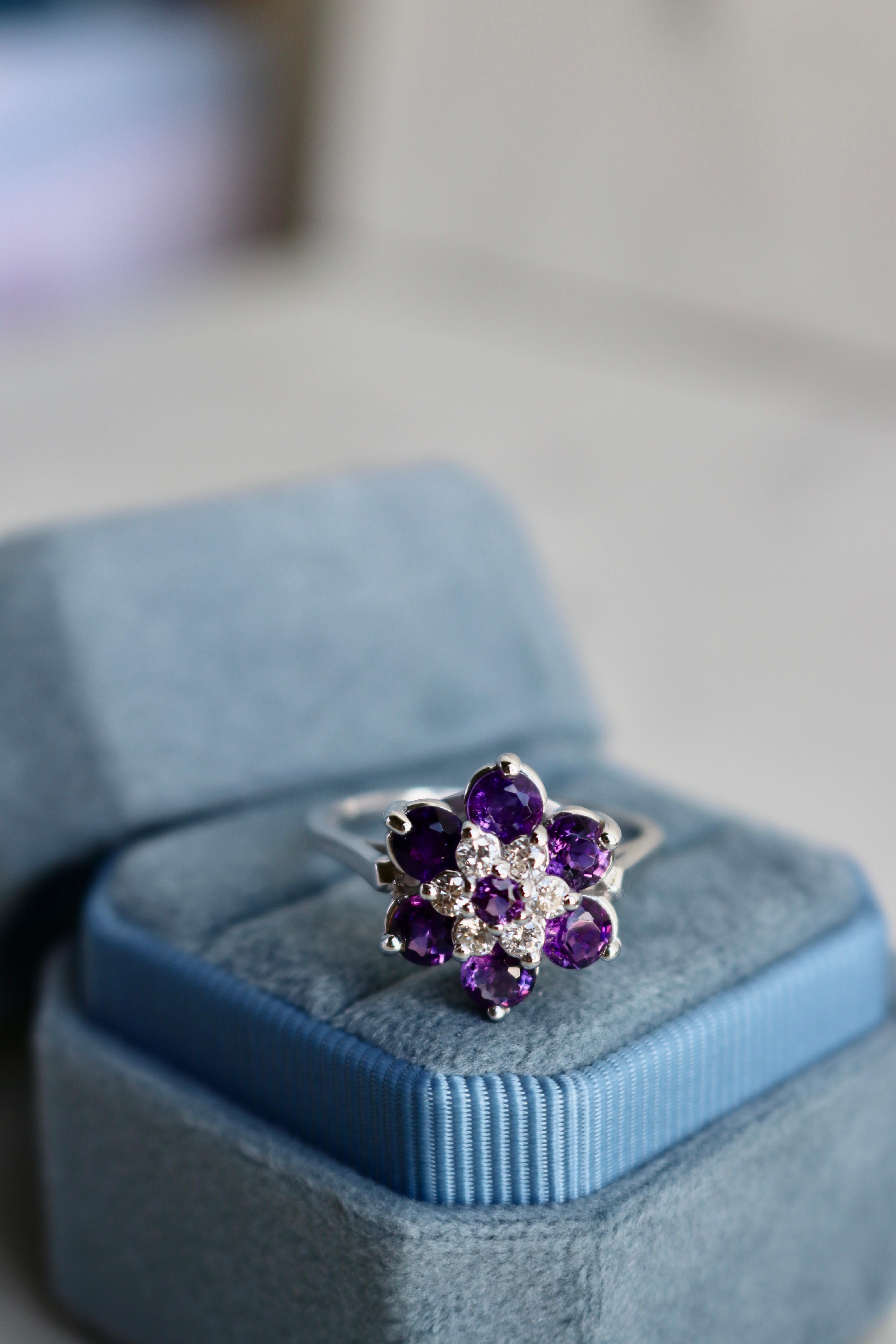 Vintage Amethyst and Diamond 14k White Gold Flower Ring For Sale 1