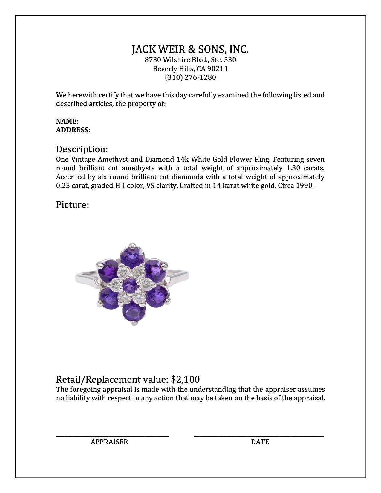 Vintage Amethyst and Diamond 14k White Gold Flower Ring For Sale 2