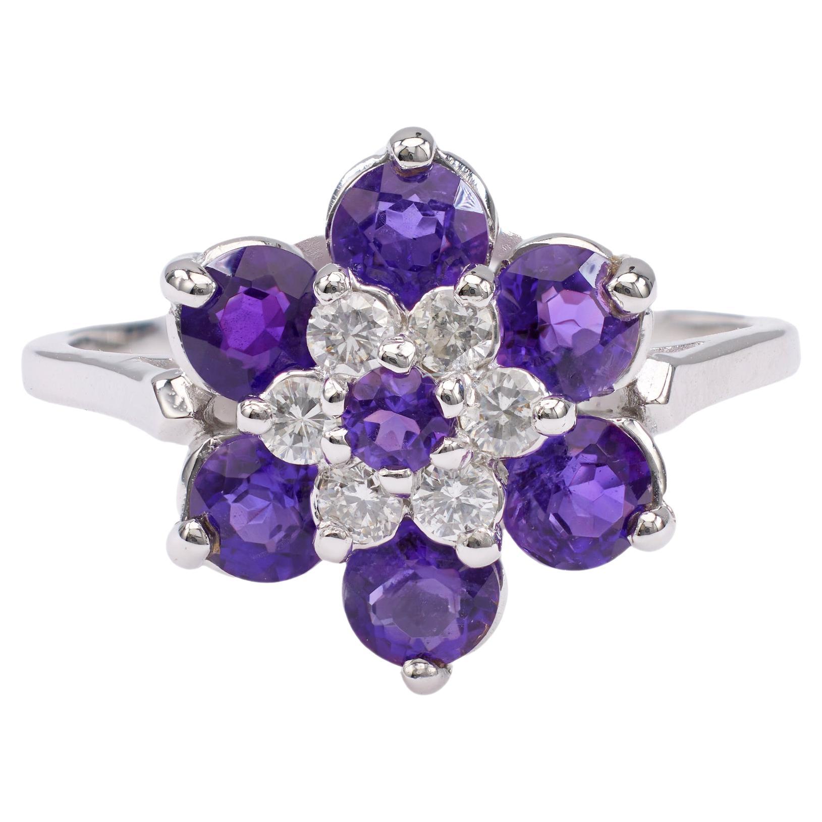 Vintage Amethyst and Diamond 14k White Gold Flower Ring For Sale