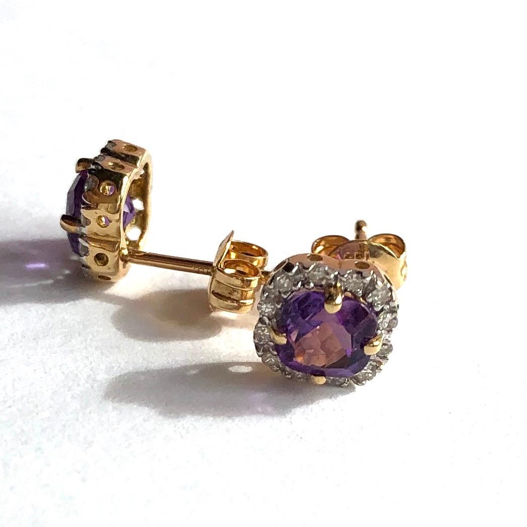 Modern Vintage Amethyst and Diamond 18 Carat Gold Cluster Stud Earrings
