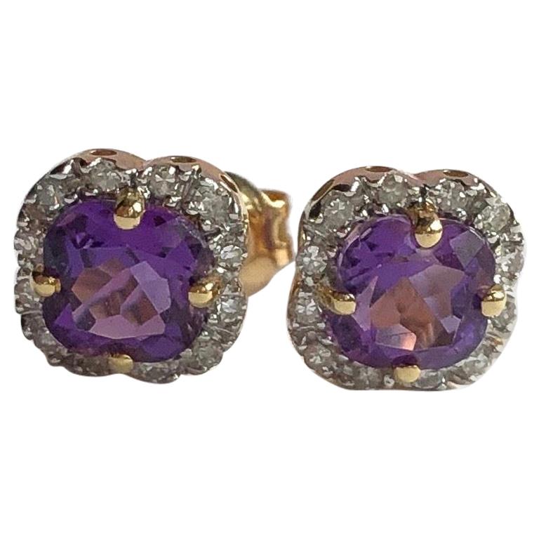 Vintage Amethyst and Diamond 18 Carat Gold Cluster Stud Earrings