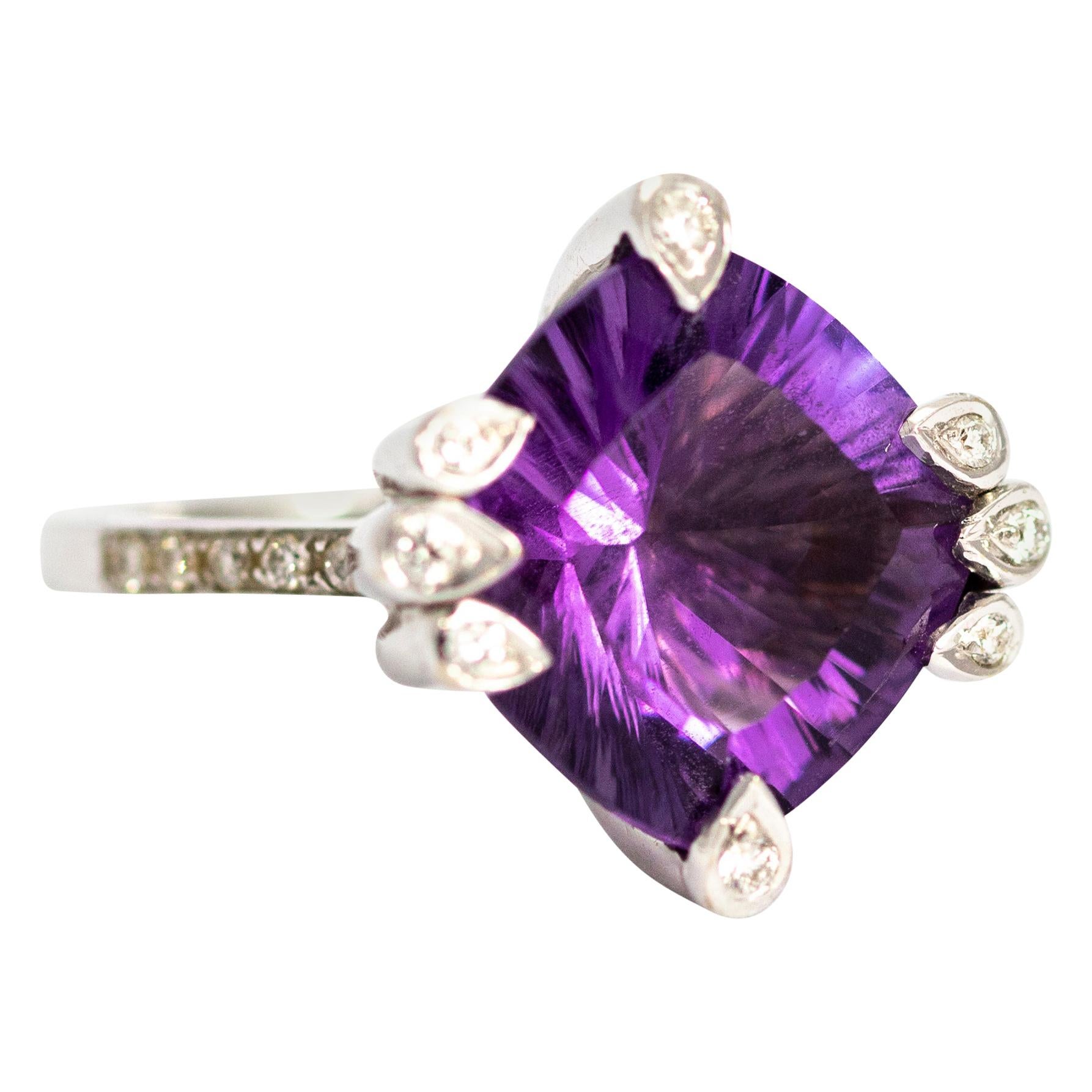 Vintage Amethyst and Diamond 18 Carat White Gold Abstract Ring For Sale