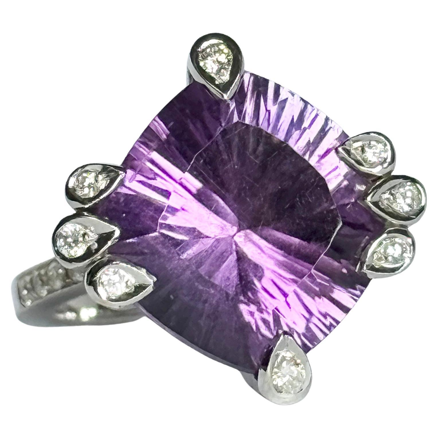 Bague abstraite vintage en or blanc 18 carats avec améthyste et diamant