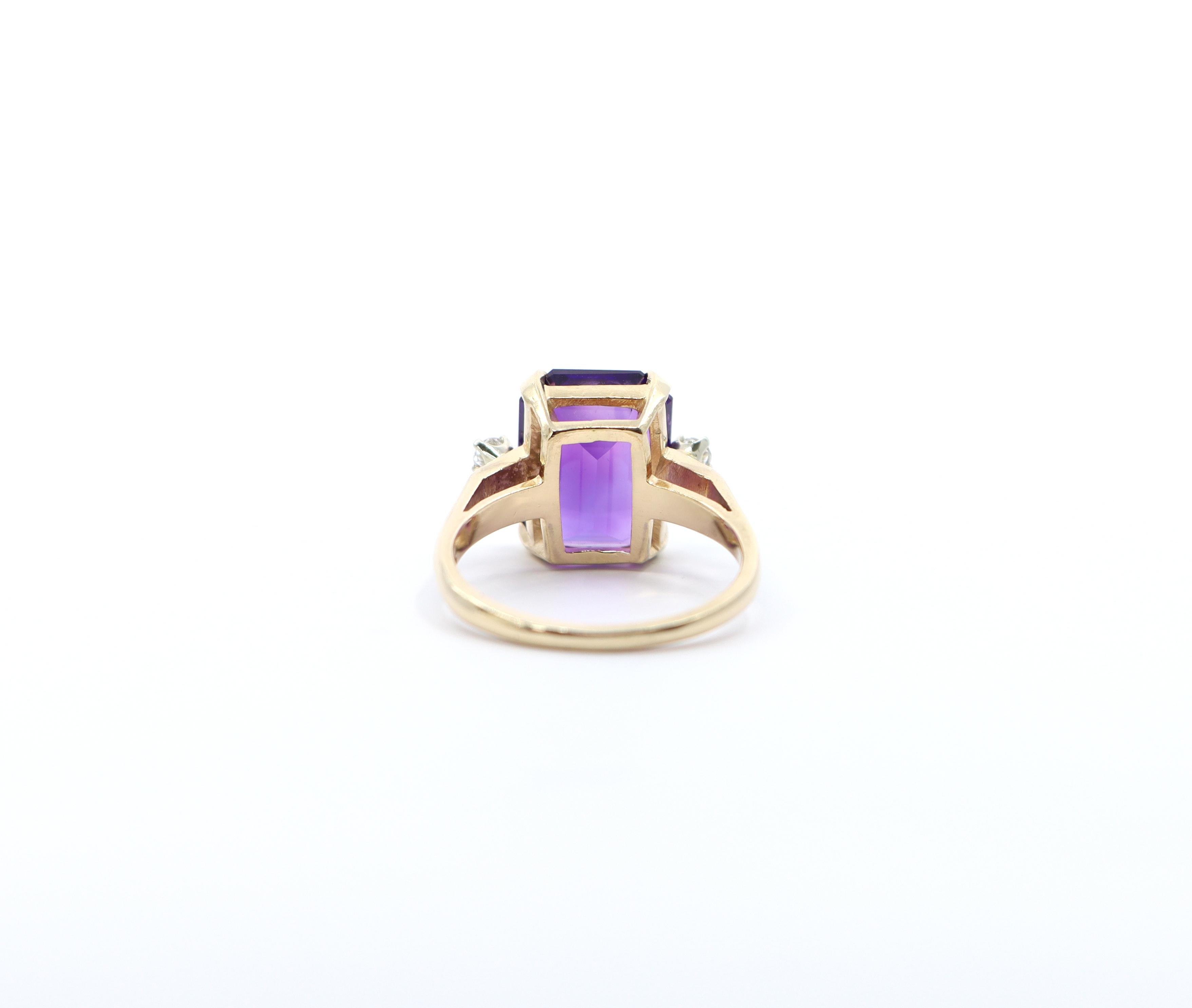 Emerald Cut Vintage 14k Amethyst and Diamond 3 Stone Ring For Sale