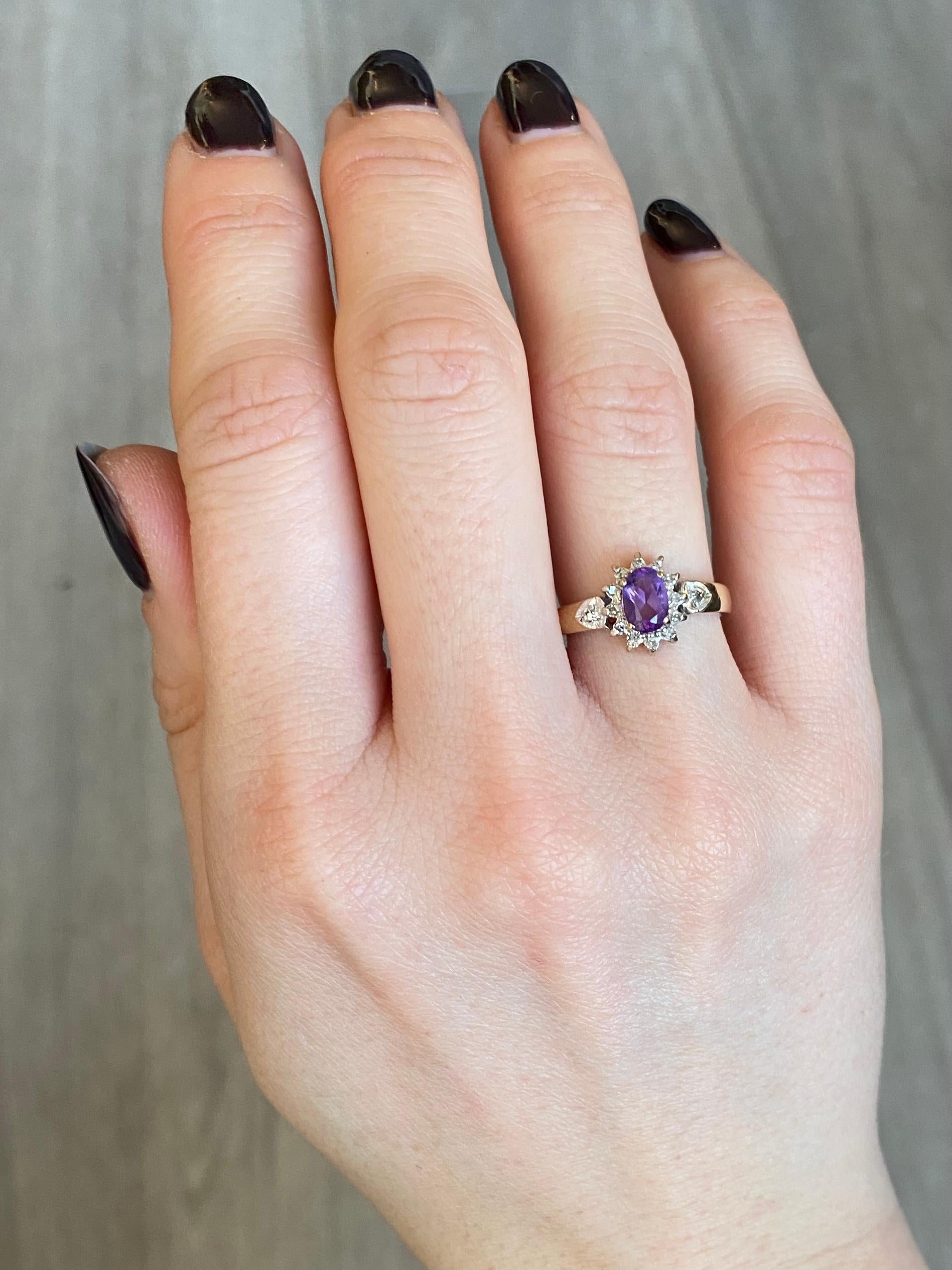 Oval Cut Vintage Amethyst and Diamond 9 Carat Gold Cluster Ring For Sale