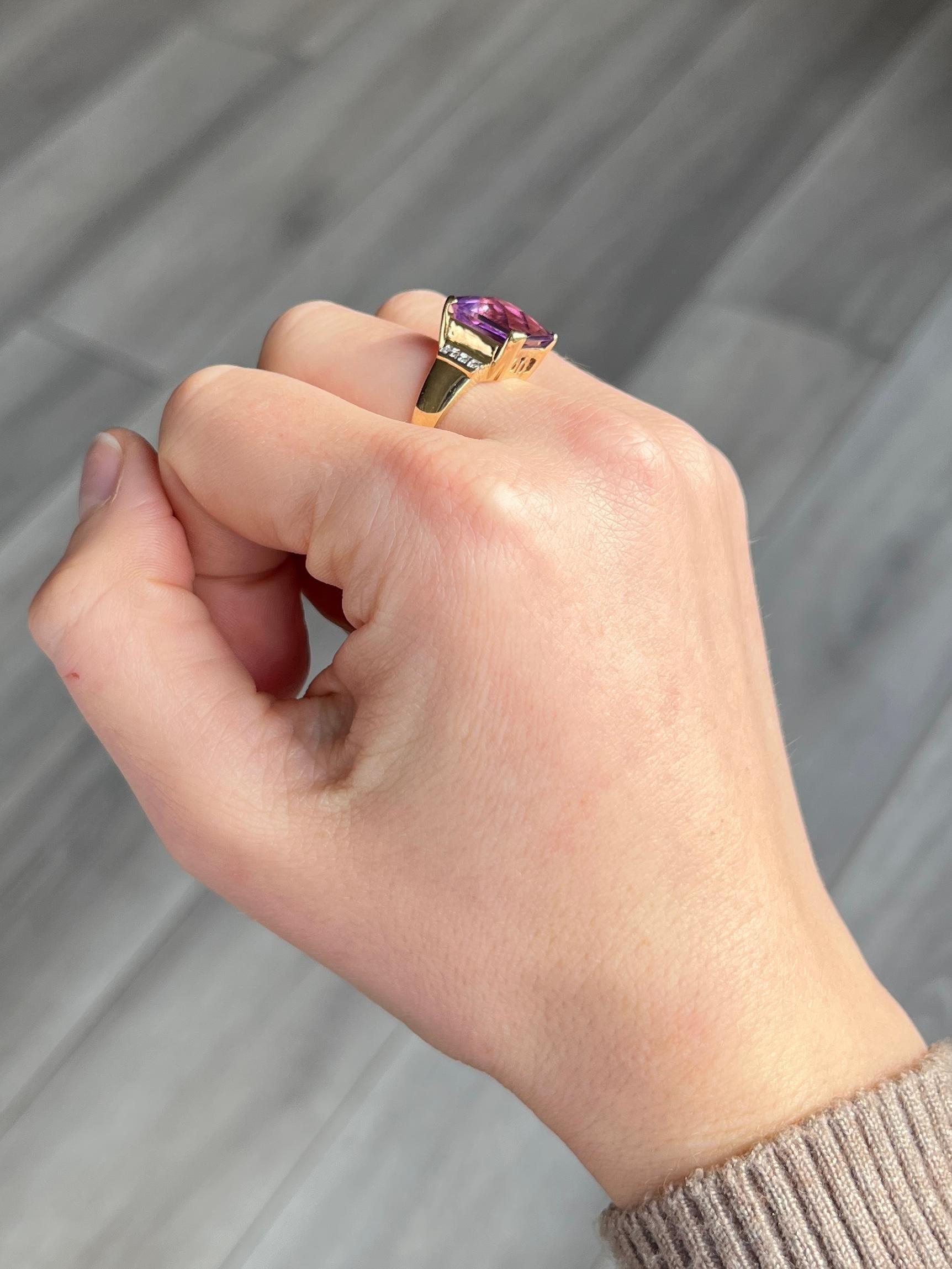 The amethyst stone in this ring is bright and a gorgeous colour. Each shoulder holds four diamonds which have a total of 8pts per shoulder. The amethyst measures approx 5ct. Amethyst dimensions 10x12mm. Modelled in 9 carat gold and diamonds set in