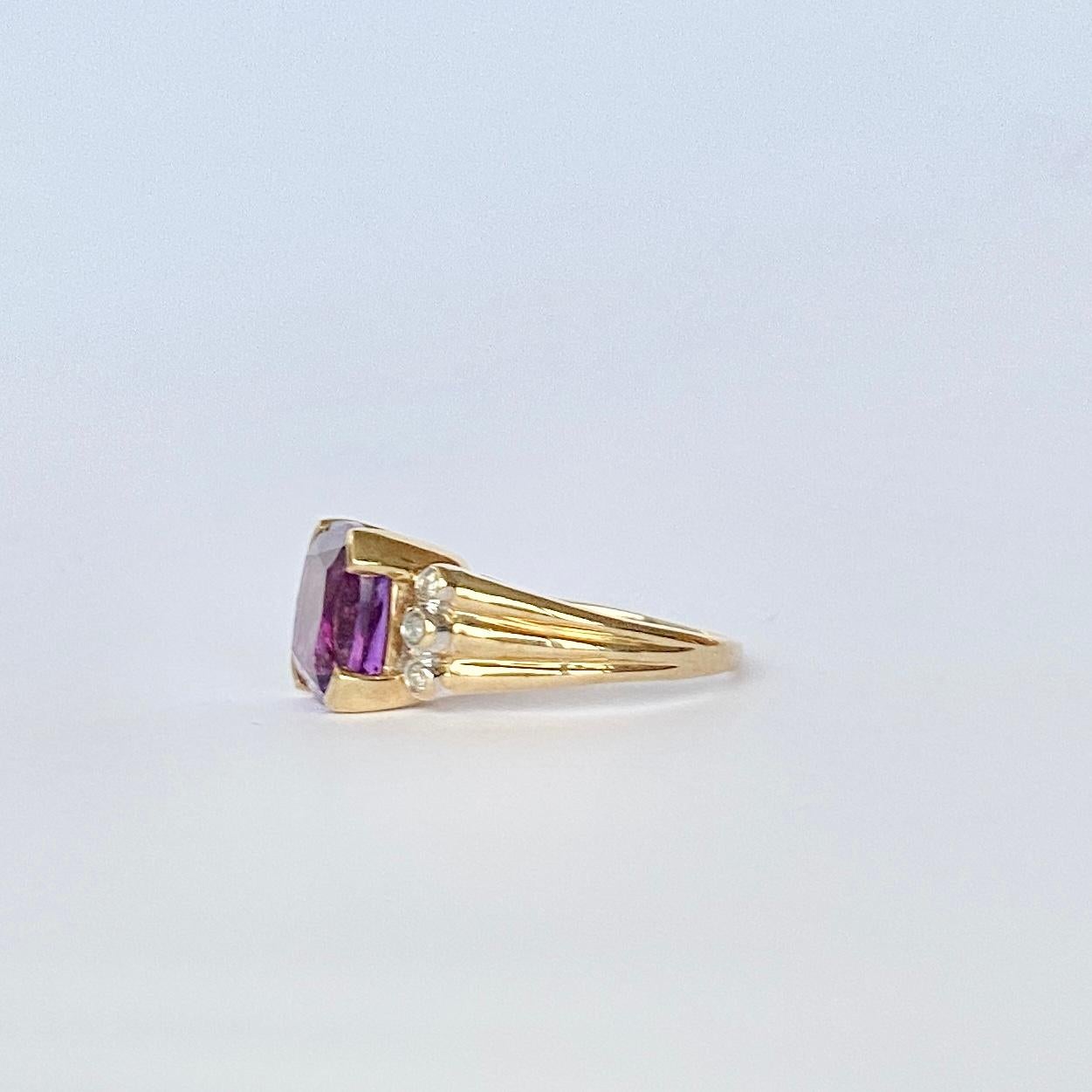 Square Cut Vintage Amethyst and Diamond 9 Carat Gold Ring For Sale