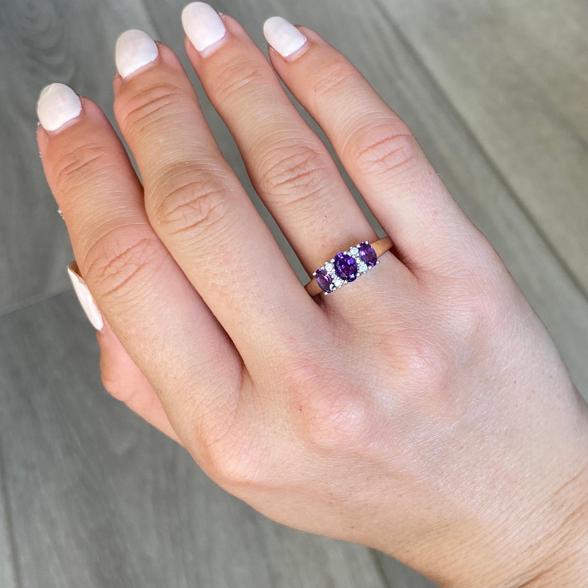 Modern Vintage Amethyst and Diamond 9 Carat Gold Three-Stone Ring For Sale