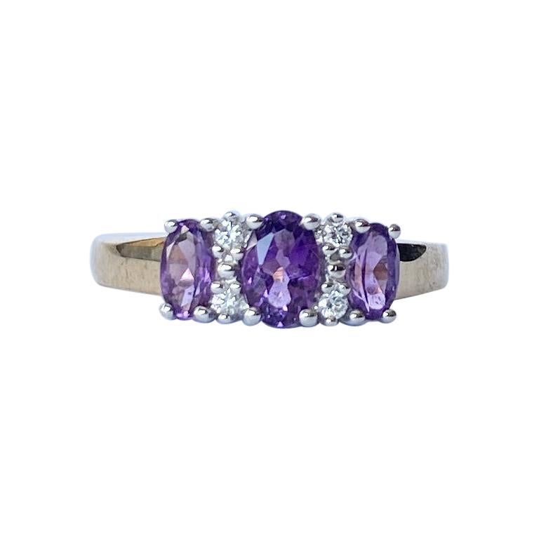 Vintage Amethyst and Diamond 9 Carat Gold Three-Stone Ring For Sale